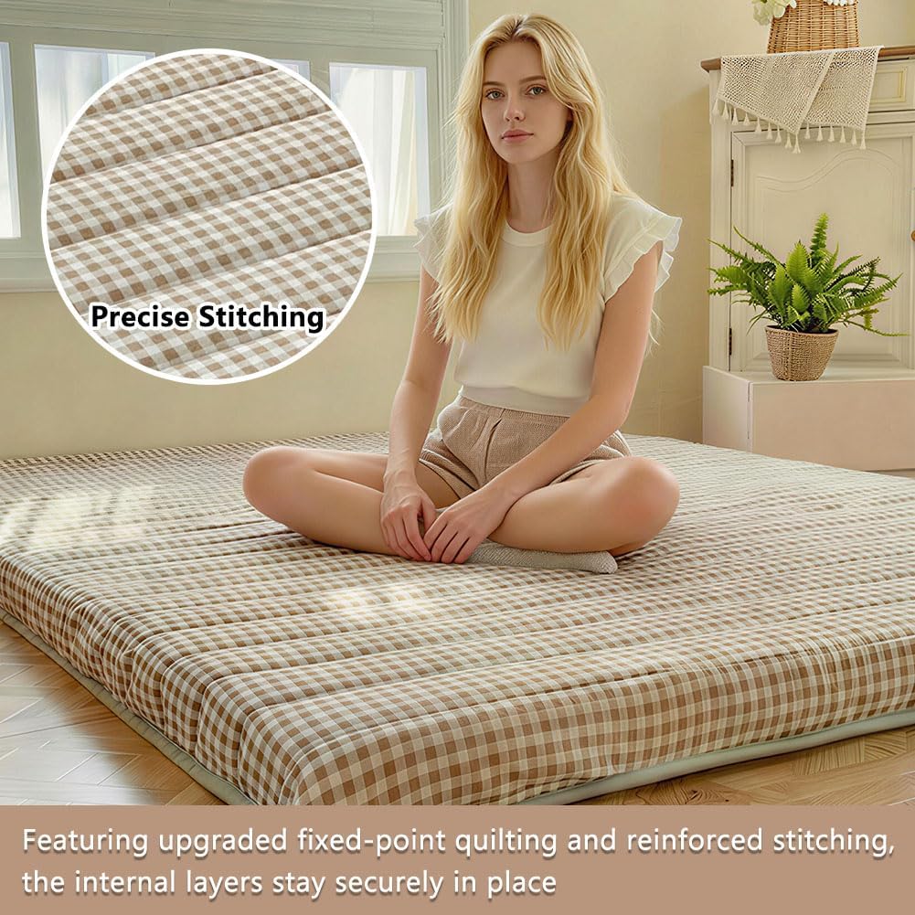 NSNLGSGC Tan Gingham Japanese Floor Mattress, 3.5" Thick High Density Foam Futon Mattress, Foldable Tatami Sleeping Pad for Adults & Kids, Roll Up Floor Bed for Dorm Guest Room, Twin Size 39" x 80"