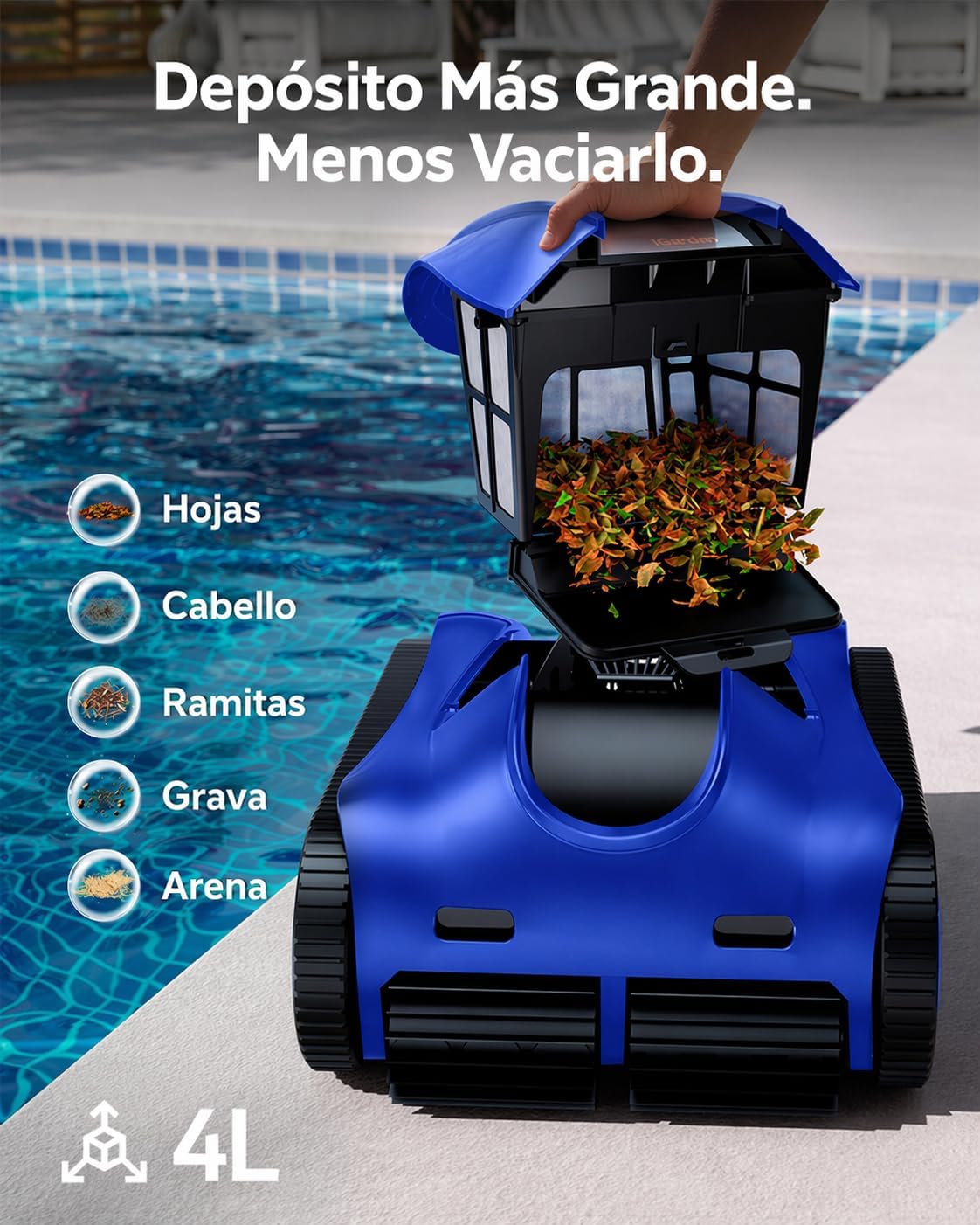 iGarden K Robot Piscina Limpiafondos y Paredes, Doble Filtración, 4H de autonomia, Control App, 5 Modos, Pantalla táctil, Temporizador IA, Navegación Inteligente y función Auto Parking