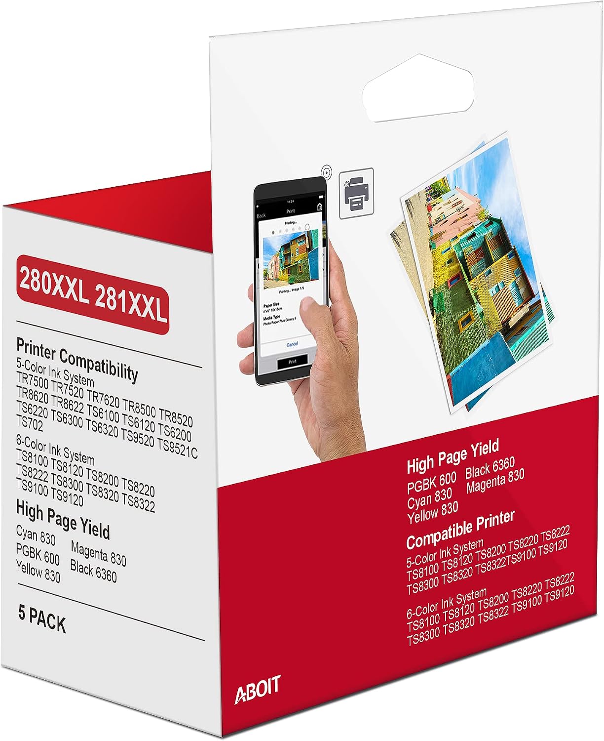 PGI-280XXL CLI-281XXL 5 Color Value Pack Replacement for Canon 280 281 Ink Cartridges to use with Canon TR8520 TR7520 TR8620 TS9120 TS6320 TS6220 TS6120 TS702 TS8120 TS8220 TS8320 Pinter (5 Pack)