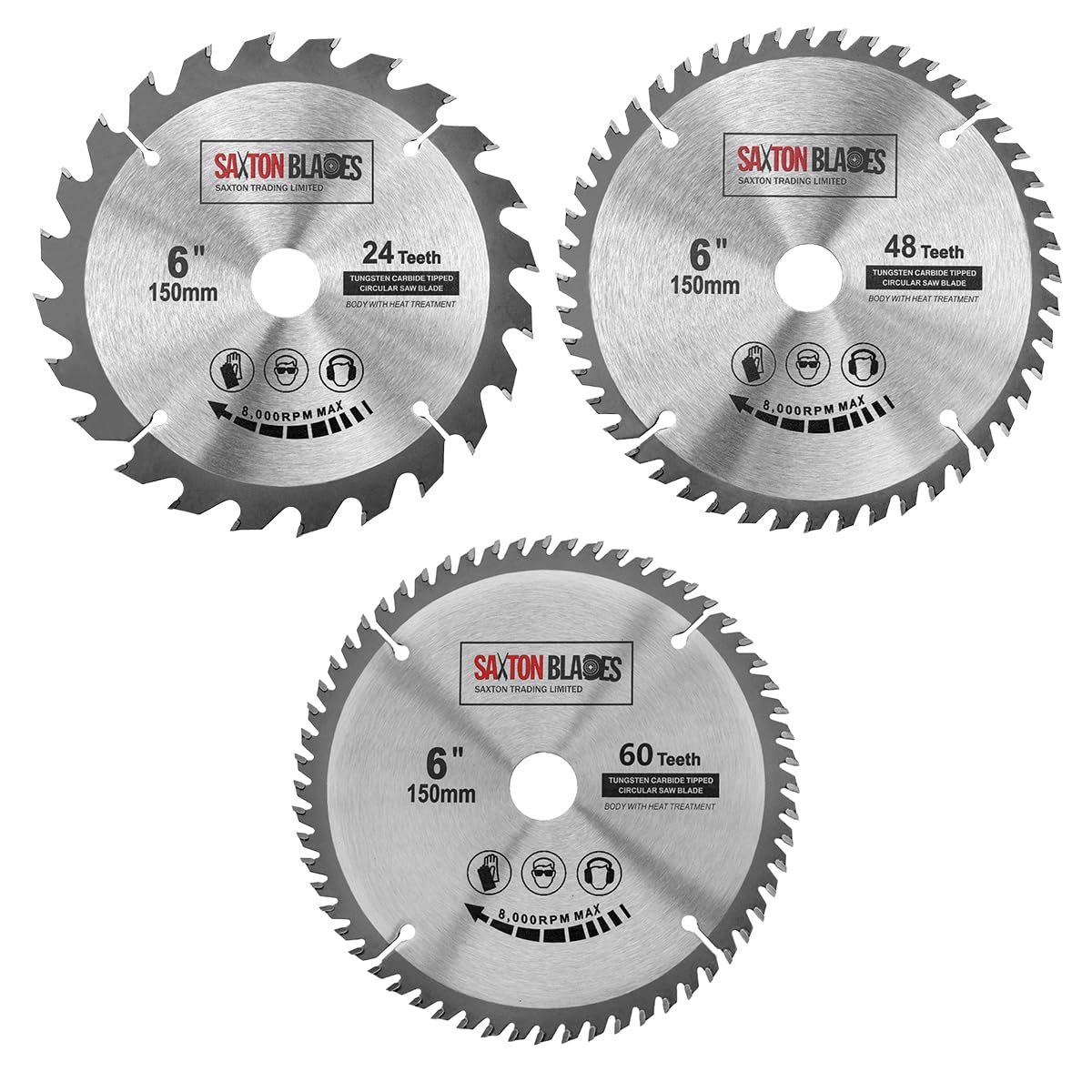 Saxton TCT, 3 dischi per sega circolare da 150 mm x 20 mm, diametro cilindro 24, 48 e 60 denti, anello da 16 mm e 10 mm, compatibile con Ryobi Bosch Makita Dewalt