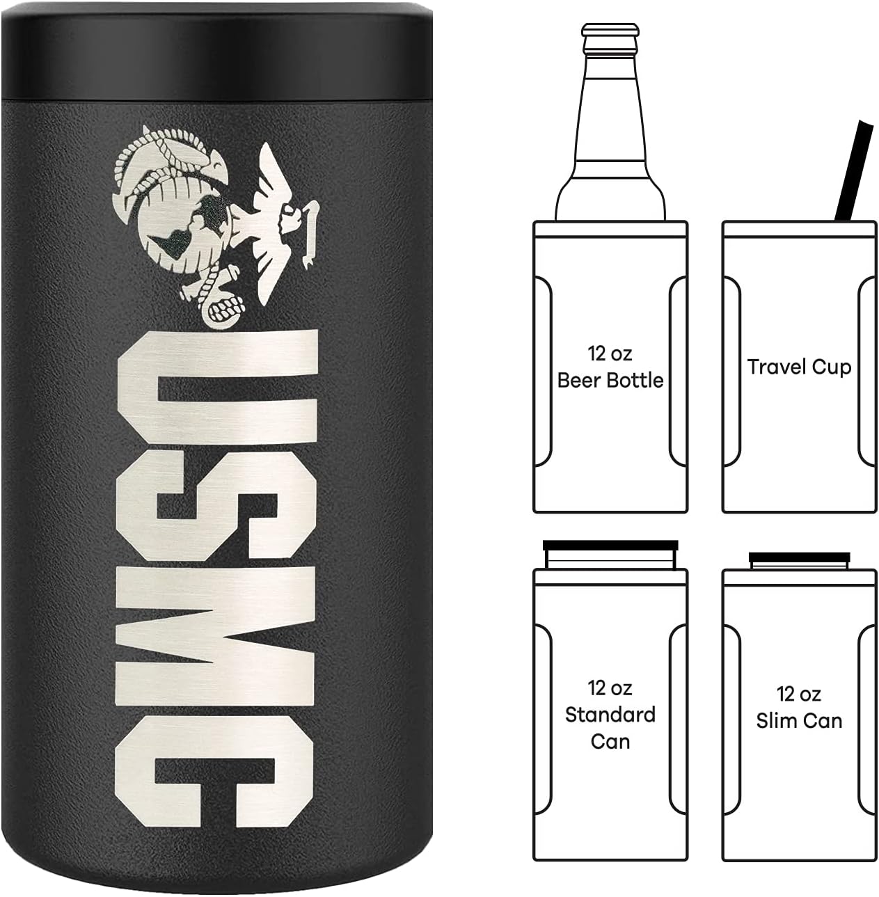 Marine Corps Can Cooler Stainless Steel USMC 12oz Beer Bottles, Standard & Slim Cans | Disabled Vet Owned Business | USMC 4 in1 Can Cooler - Image 2