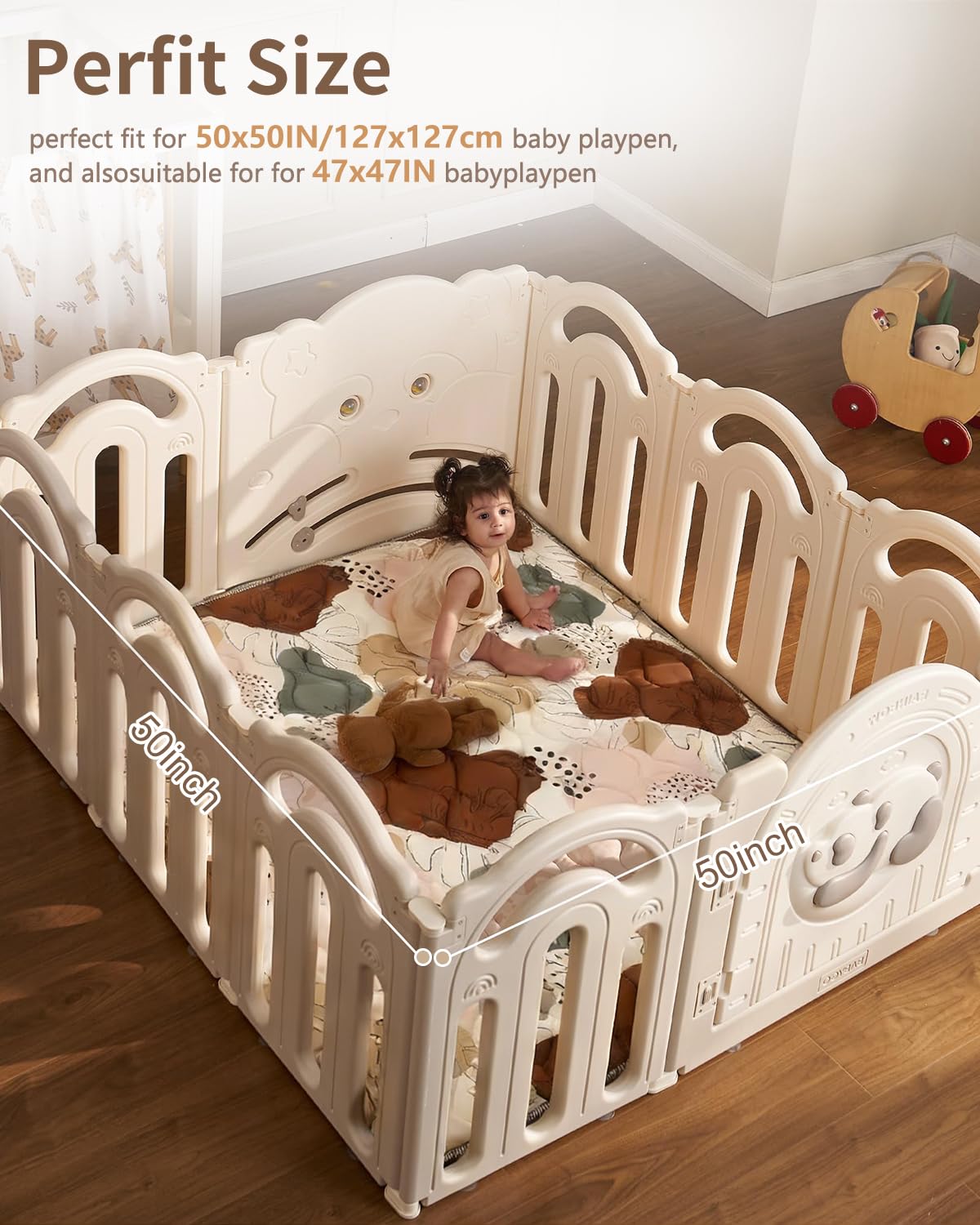 Tapis d'éveil Bébé 127x127cm Antidérapant Lavable en Machine Pliable Style Bohème