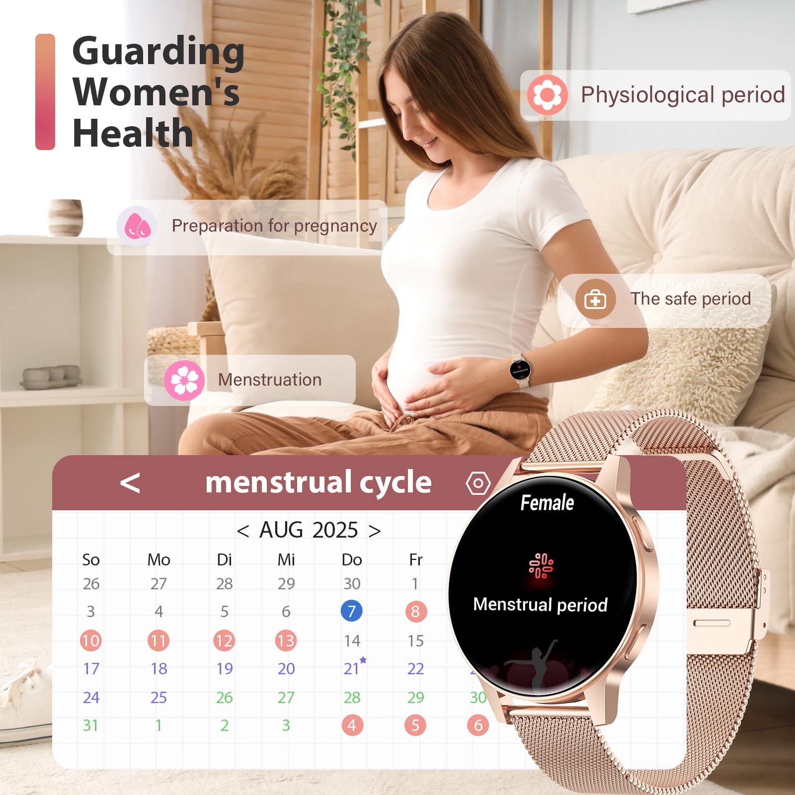 Miecgth 2025 Smartwatch Donna con SIRI/ET/HRV, 1.27" TFT Orologio Donna con Chiamate Cardiofrequenzimetro Ciclo Mestruale IP68 24H Sonno Caloria Fitness Tracker per Android & iOS (Oro rosa)