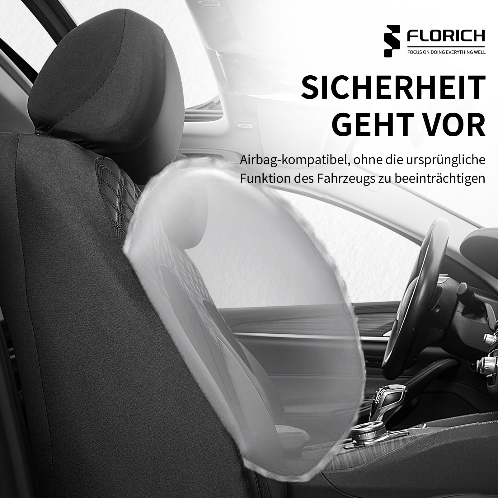 FLORICH Autositzbezüge Komplettset Vordersitzbezüge, PU Leder Air-Mesh Sitzbezüge Atmungsaktiver Sitzschutz Innenbezüge Universell Passend für die Meisten PKWs, SUVs (Komplettset, Schwarz)