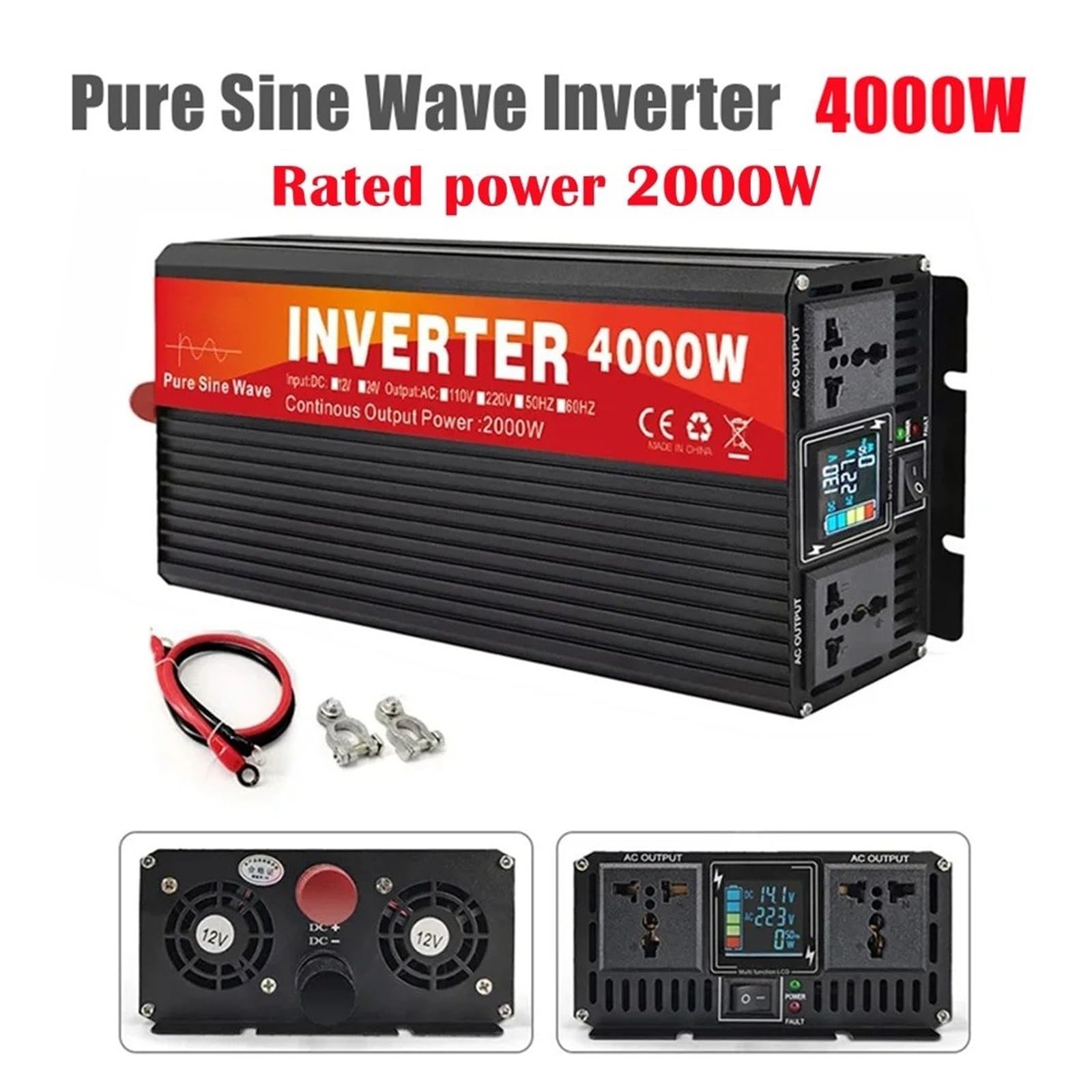 POWERinvert Onduleur Voiture 4000 W À Onde Sinusoïdale Double Prise Écran LCD Convertisseur Tension CC 48 V/60 V/72 V vers CA 220 V(48V,220V 50HZ,Universal)