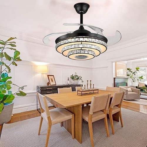 Miniatura 4 de MORE CHANGE Ventilador de techo retráctil moderno de 42 pulgadas con luz y control remoto, ventilador de techo clásico negro con aspas reversibles,