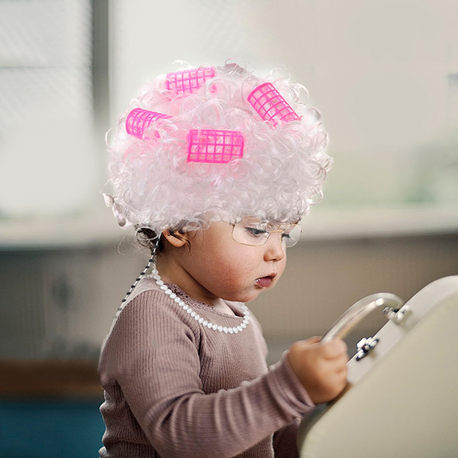 Play Activity Toy Old Lady Costume For Kids Of School Costume Granny Old Lady Wig Dress Up Accessory Curler (A, One Size)