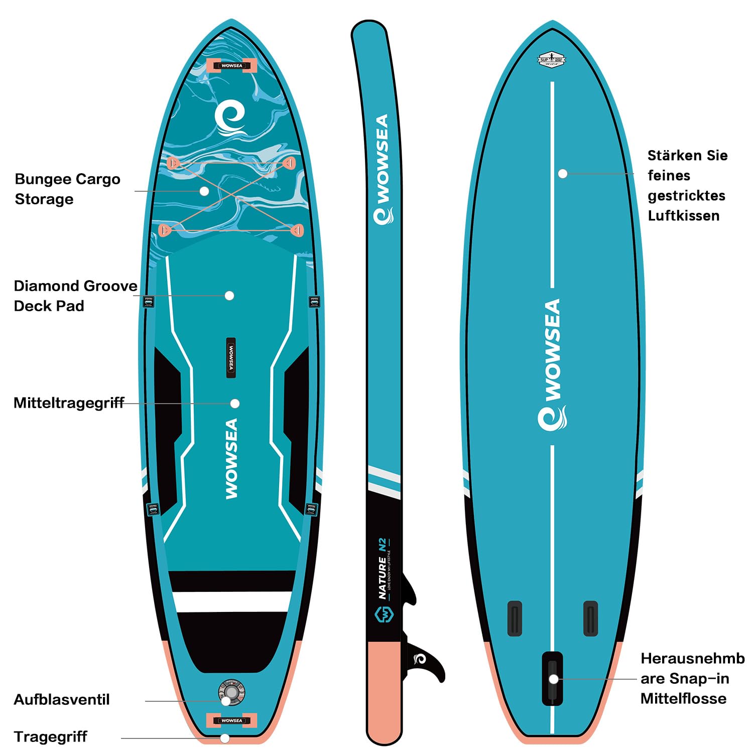WOWSEA aufblasbare PaddleBoards, 3400 g Schwerer Dropstitch-Kern, rutschfestes Eva-Deck