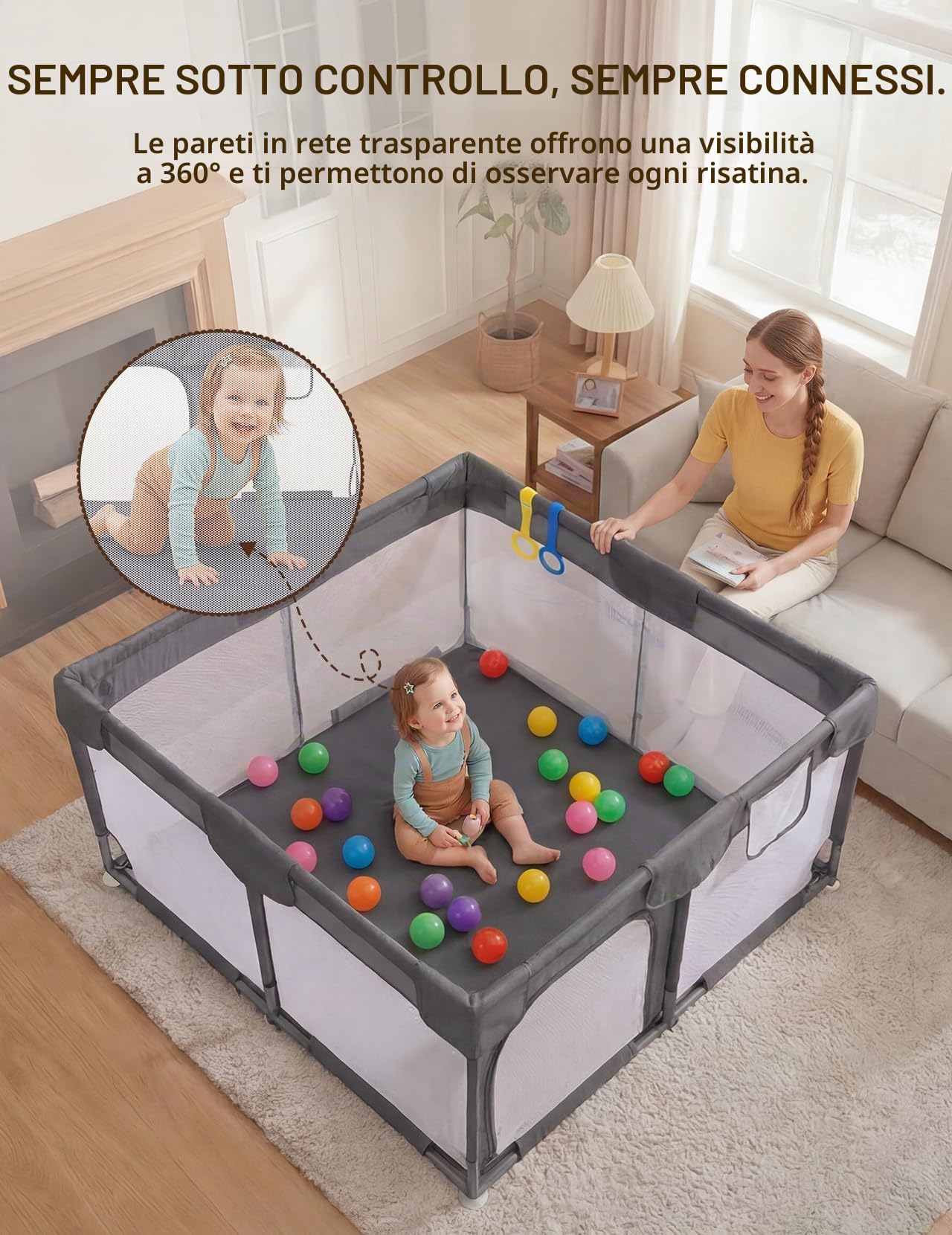 Dripex Box per Bambini Recinto Neonato - Small - Antracite | 124 x 124 cm box per bambini con tappetino, tessuto Oxford 210D, 2 anelli da gioco, palline a tema oceano.