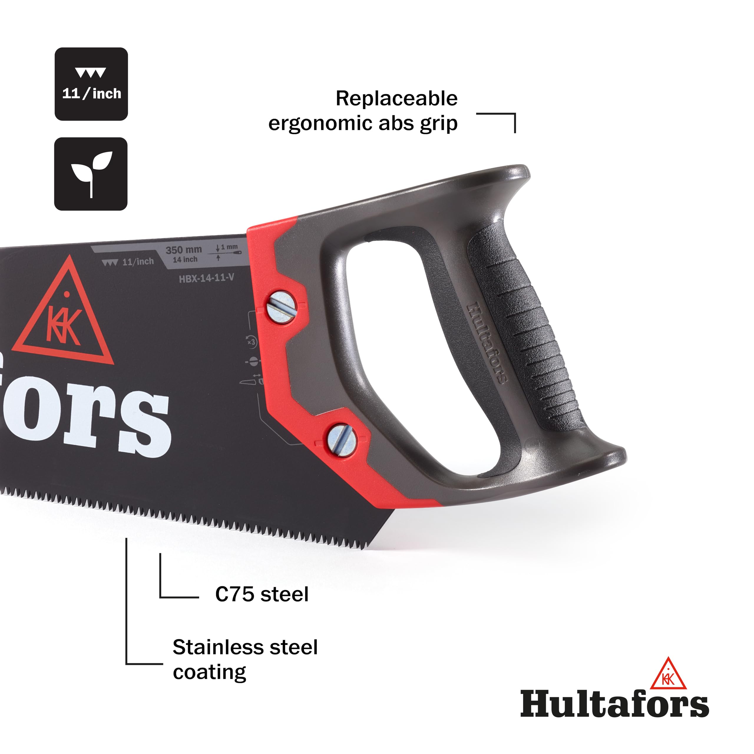 Sierra para chapas de 350 mm de Hultafors | 11 dientes por pulgada | Sierra para madera y laminados | Con mango ergonómico | Sierra de mano duradera con protector de hoja incluido | 590730