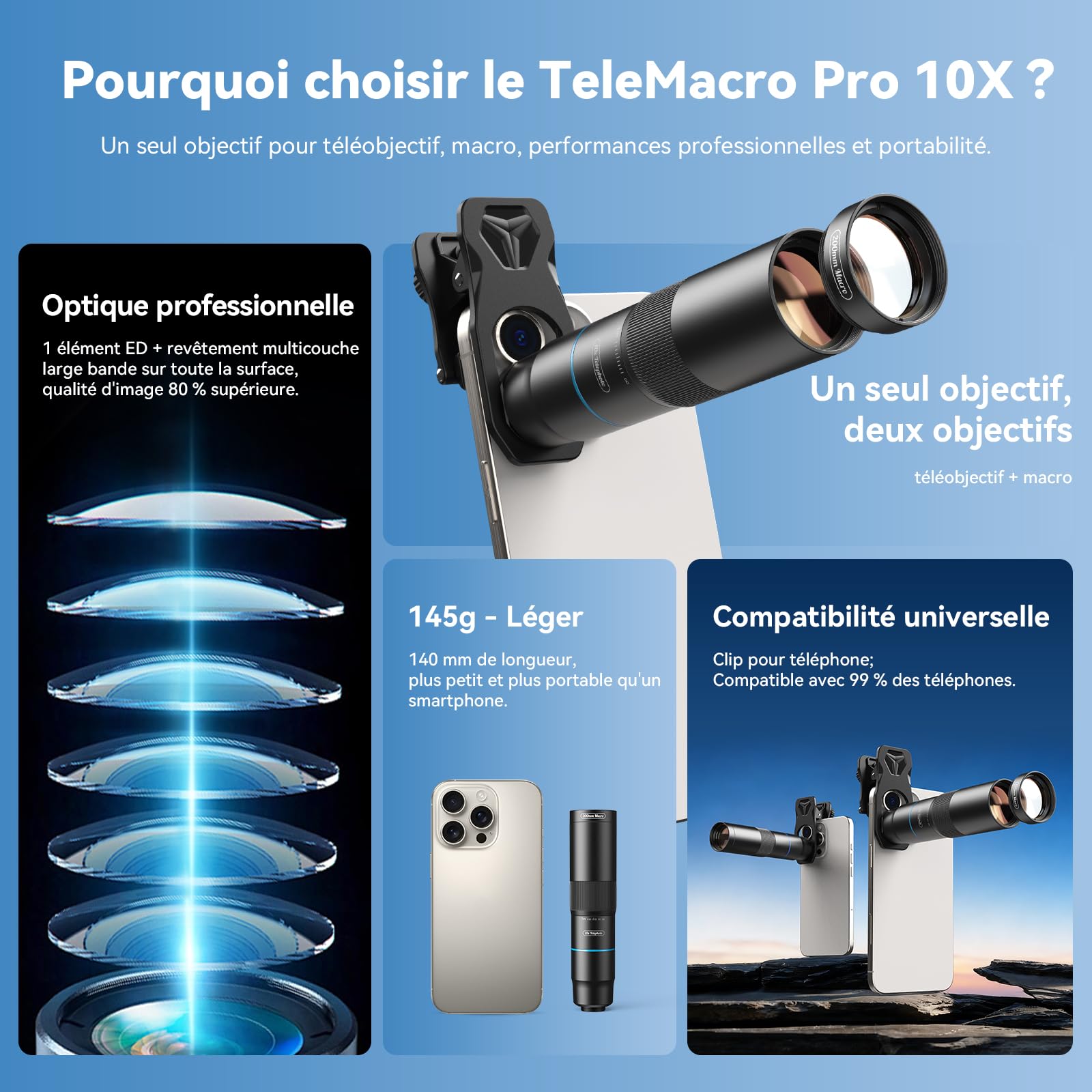Evil Eye Téléobjectif 10x + Objectif 200mm Macro pour Smartphone, Haute Qualité, Compact, Facile à Transporter et à Utiliser, Compatible avec la Plupart des Smartphones Courants (TM10)