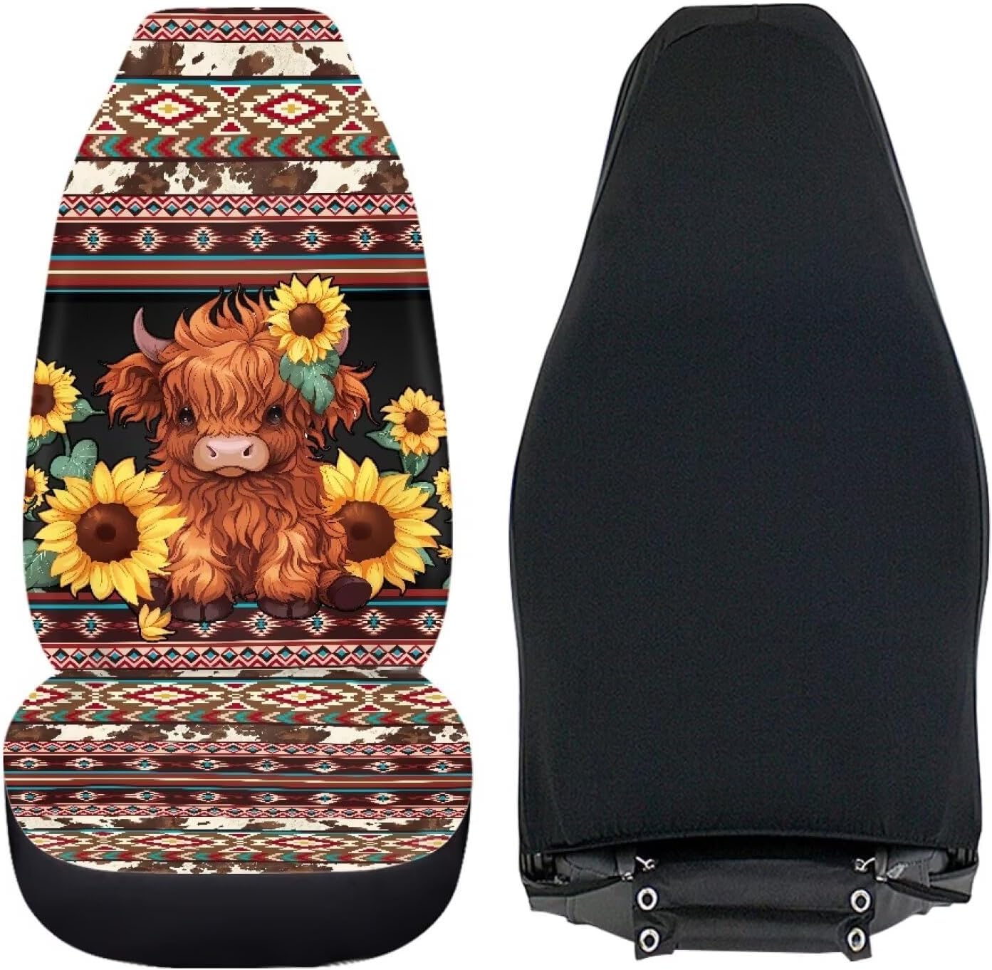 Poceacles Aztec Highland Cow Sunflower Seat Covers - Pack of 2, Universal Auto Front and Back Seat Covers, Soft Breathable Bucket Seat Cover, Protective Car Interior Accessories for Truck, Sedan, SUV