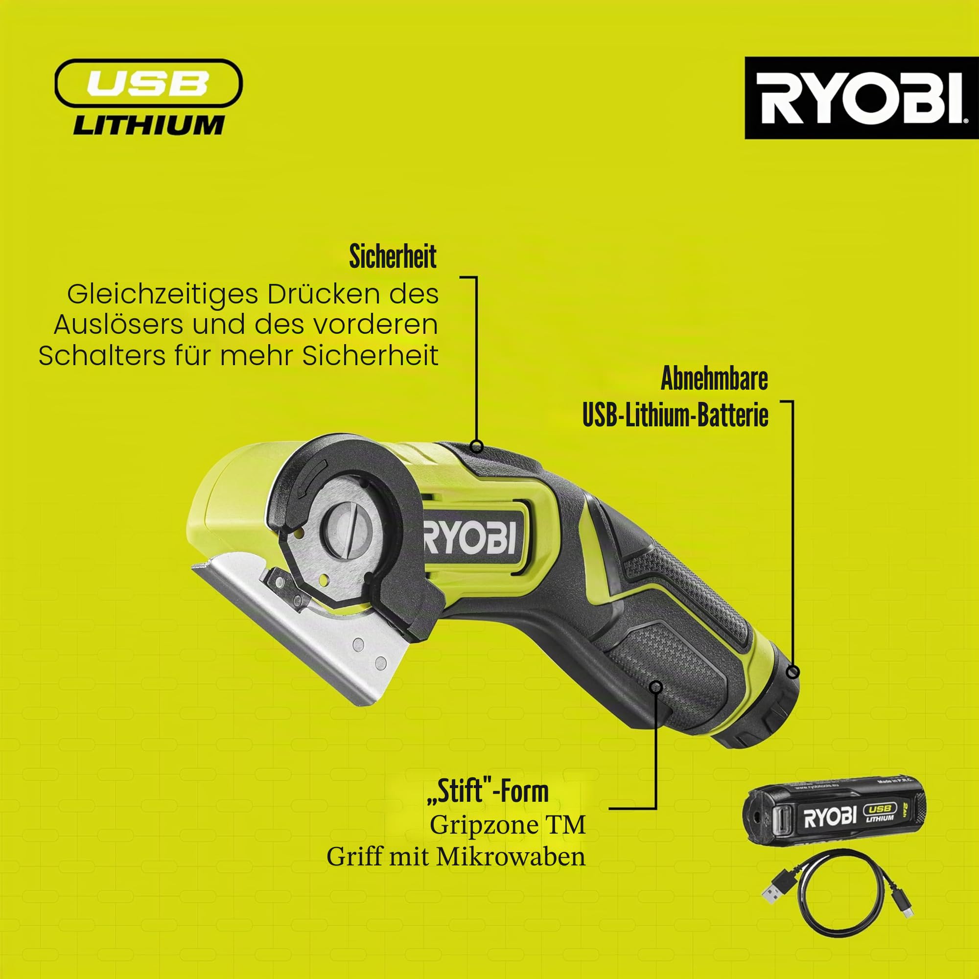 RYOBI 4 V USB-LITHIUM Akku-Schneidegerät RCT4-120G, 6,4 mm Schnittkapazität, inkl. 1 x 4 V 2,0 Ah Akku und USB-C Ladekabel