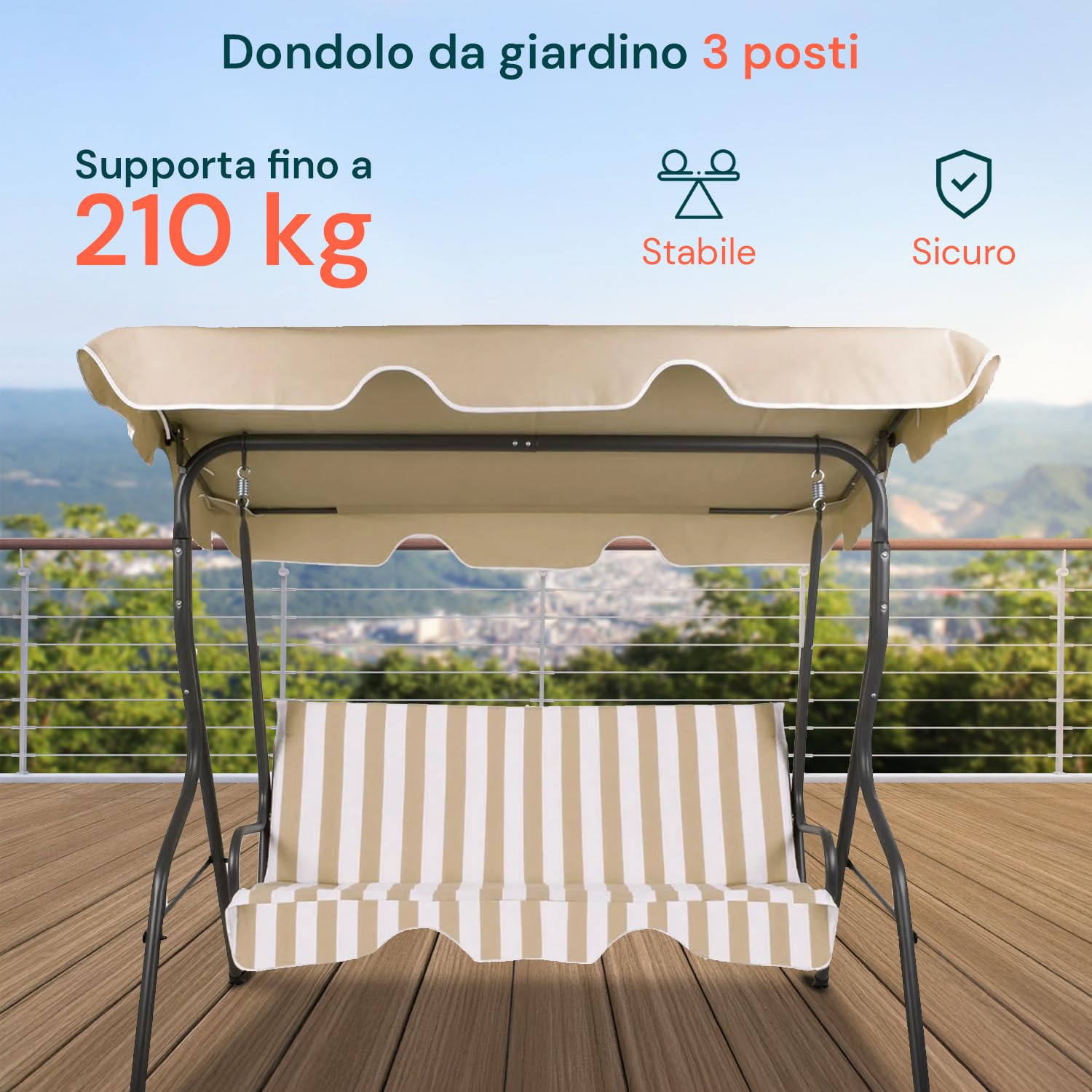 Avilia Dondolo da Giardino 3 Posti con Tettuccio – Dondolo da Esterno in Acciaio Antracite con Seduta Beige, Struttura Robusta e Parasole Regolabile per Patio, Terrazzo, Veranda