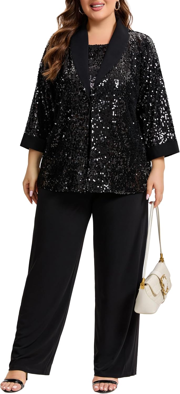 Plus Size 3 Piece Mother of the Bride Pant Suits with Glitter Sequin, Formal Evening Gowns Alternative for Wedding Guest