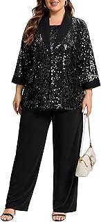 Plus Size 3 Piece Mother of the Bride Pant Suits with Glitter Sequin, Formal Evening Gowns Alternative for Wedding Guest