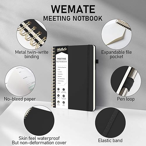 Miniatura 6 de WEMATE Cuaderno de reuniones para el trabajo B5 (7 x 10 pulgadas), cuaderno de trabajo de cuero PU con agenda, artículos de acción y notas, 200