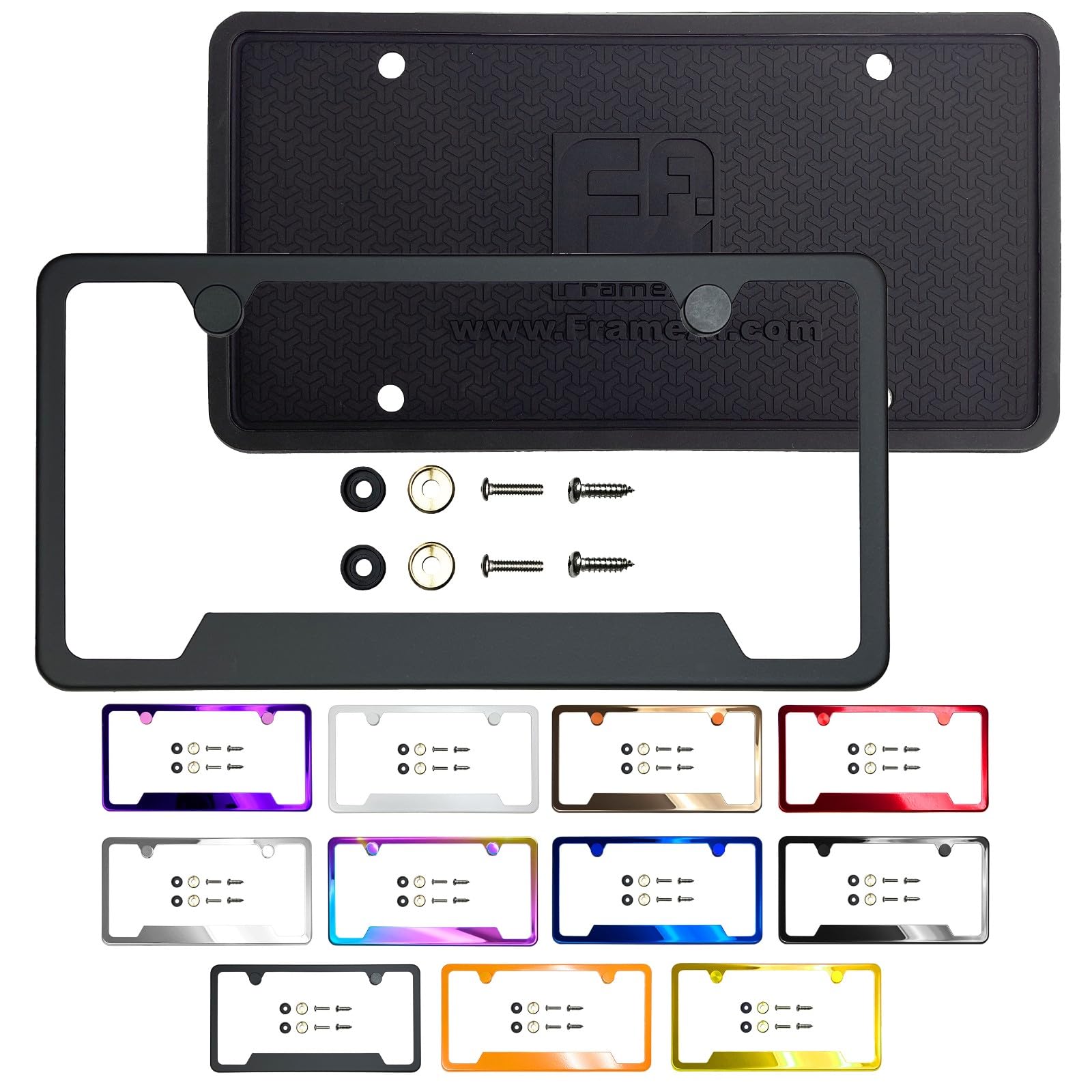 Silicone Back Guard Bottom Cut Out Corner License Plate Frame Matte Black Powder Coated Universal Fit Aluminum Screw On Cap Cover, T304 Stainless