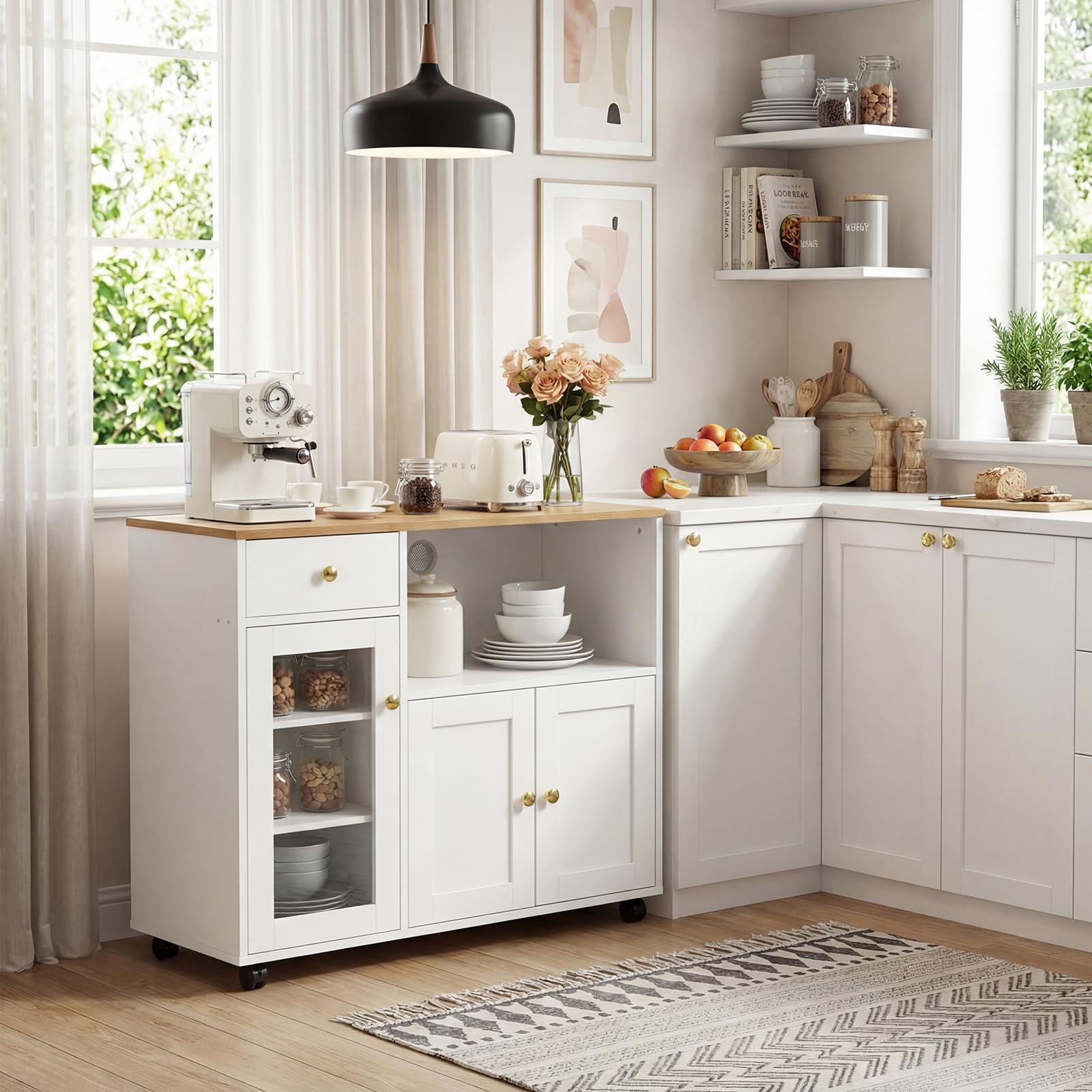 Küchenschrank mit Arbeitsplatte, Buffetschrank, Sideboard Küche mit Mikrowellenregal, Verstellbare Ablagen, für Küche, Esszimmer, Wohnzimmer, Weiß, 90 x 40 x 81.5 cm