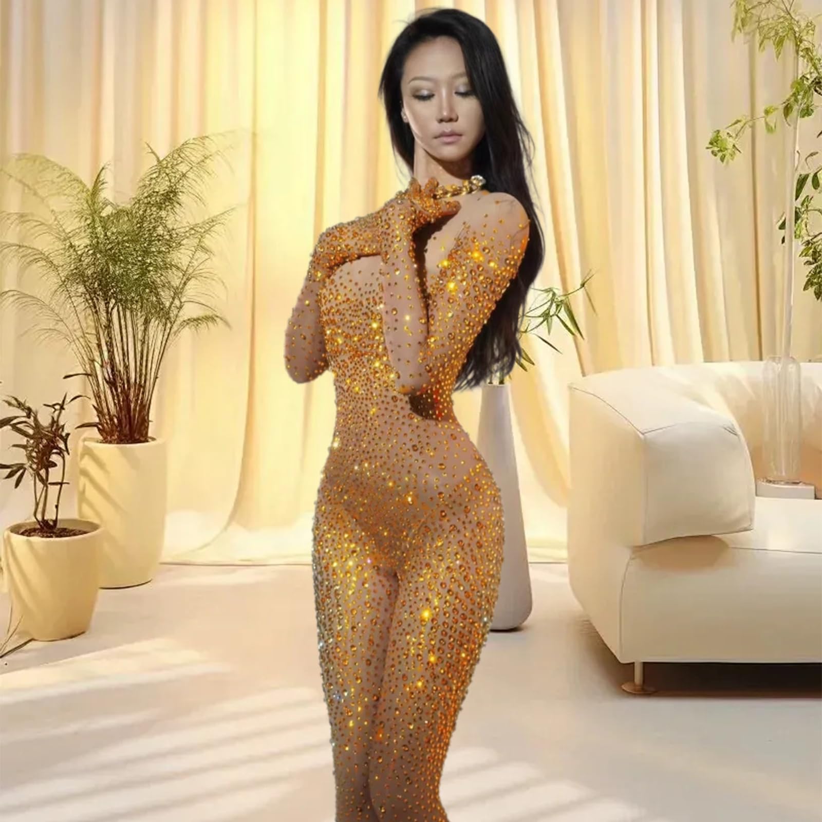 Glitzernder Netz-Overall für den ganzen Körper, Bühnenoutfit für Damen, Sänger, Tanzkleidung, formender Body, Strass, Body