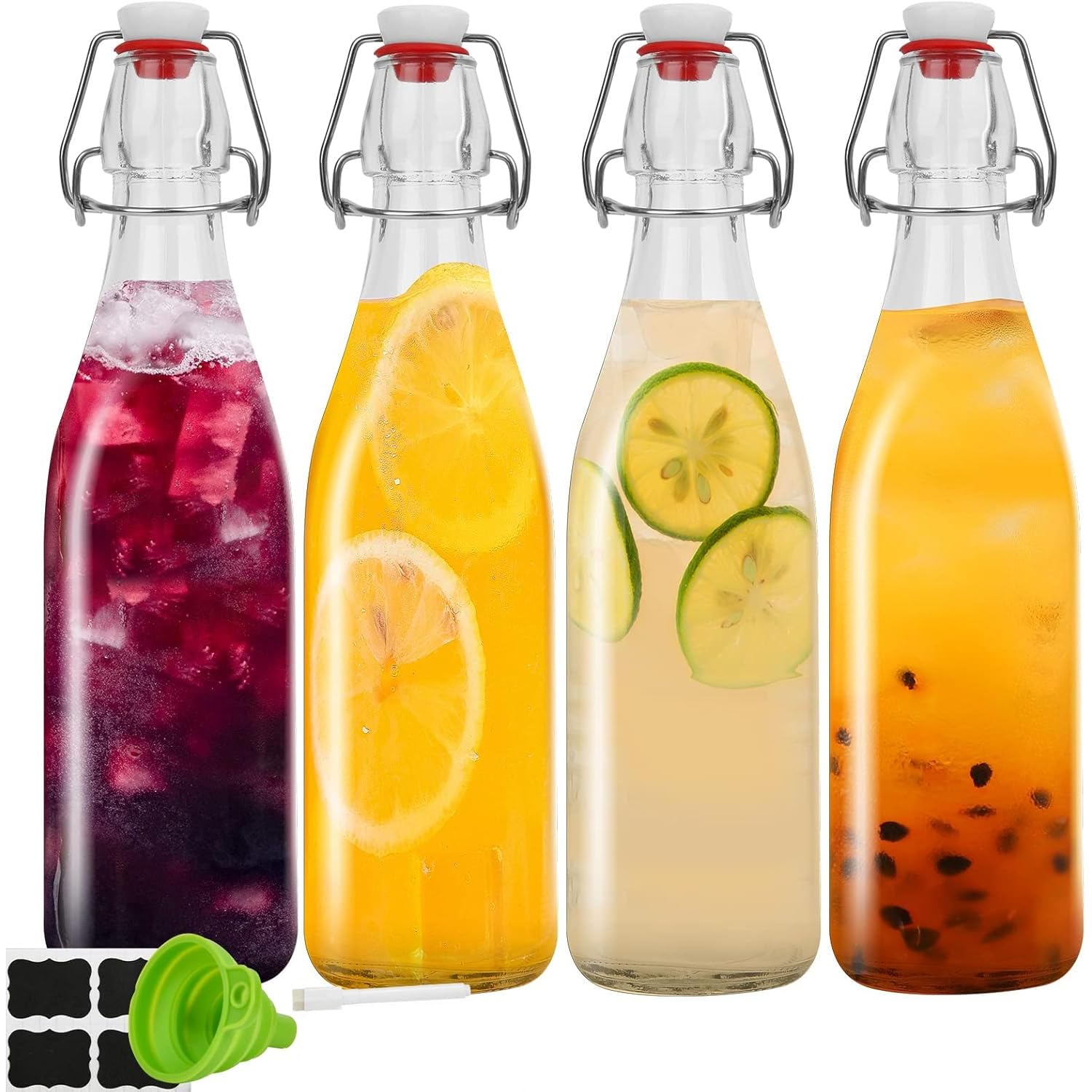 HELEE 4Pack Swing Top Glass Bottles, Glass Bottles with Stoppers for Brewing, Flip Top Brewing Bottle with Airtight Stopper Lids, for Juice, Water, Kombucha, Kefir Milk, Beer (1000ML)