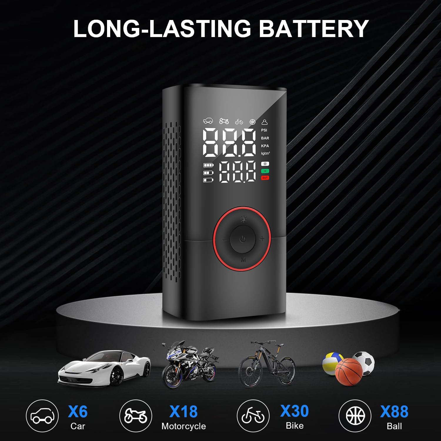 COOLMAN - Inflador de neumáticos portátil, 150 PSI, bomba eléctrica inalámbrica para bicicleta, inflador de neumáticos portátil con medidor de presión LCD y luz LED, ideal para coches, bicicletas