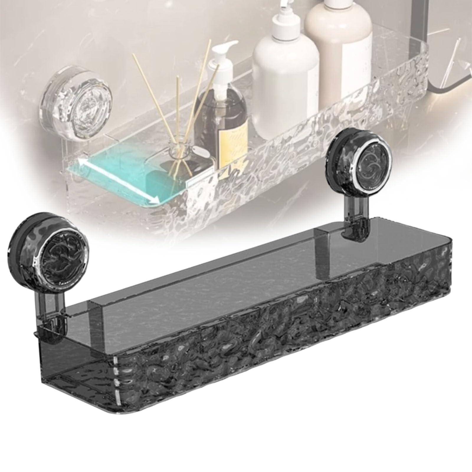 Corrugated Suction Cup Storage Holder, No-Drill Wall Mounted Suction Cup Bathroom Storage, Light Luxury Glacier Pattern Shelf Kitchen (Black)