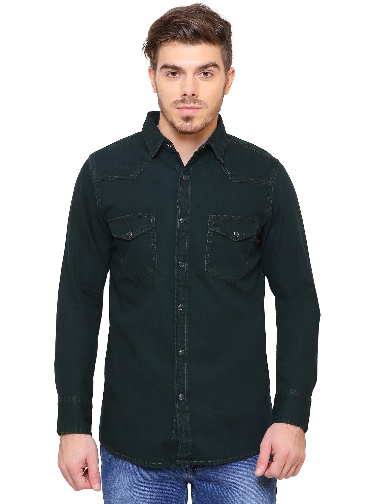 Kuons Avenue Men's Jet Black Double Pocket Denim Shirt | Cargo Shirt | Western Denim Shirt
