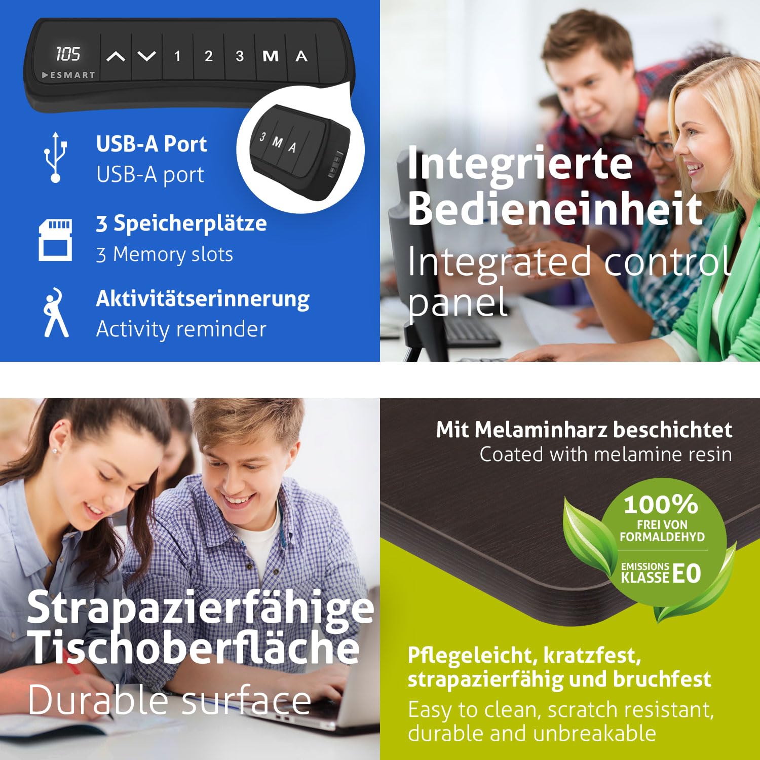 ESMART Germany ETX-121GE 160x80cm Ebenholz Dekor Ergonomischer Steh-Sitz- Schreibtisch auf Rollen Stufenlos elektrisch höhenverstellbar 78,5-128,5cm 3X Memory Aktivitätserinnerung Soft-Start/Stopp