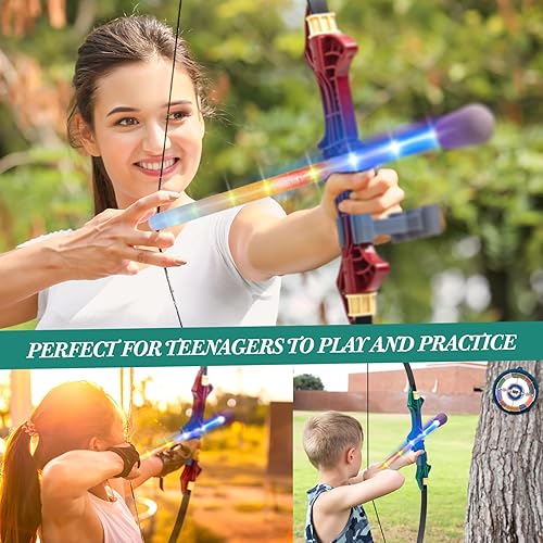 Miniatura 4 de Leyndo Juego de 2 arcos y flechas de fibra de vidrio con luces LED intermitentes, juego de tiro con arco de espuma, rojo y verde, juegos de arco de