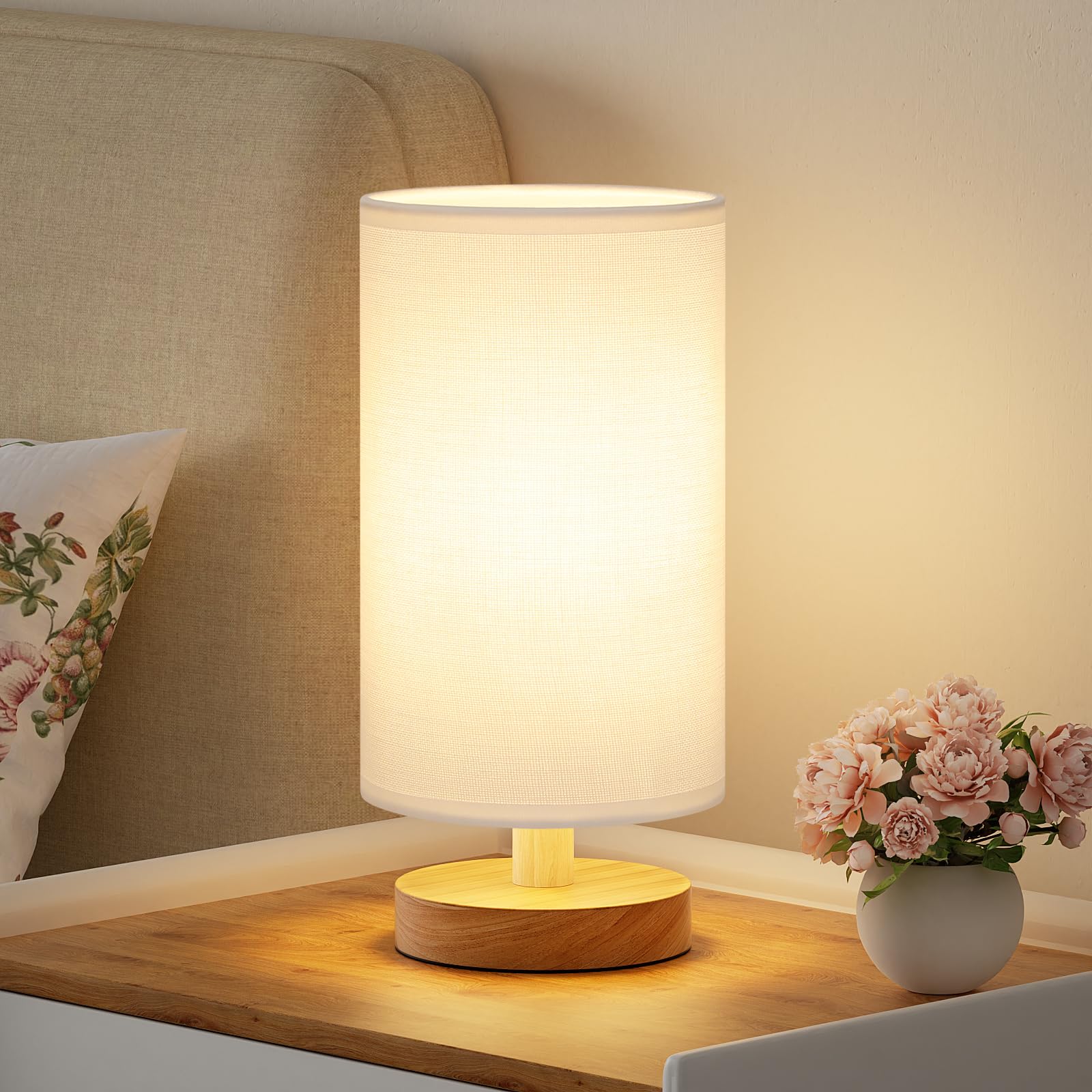 Fenmzee Small Table Lamps (White Shade - Wood Base, 9" Inline Control)