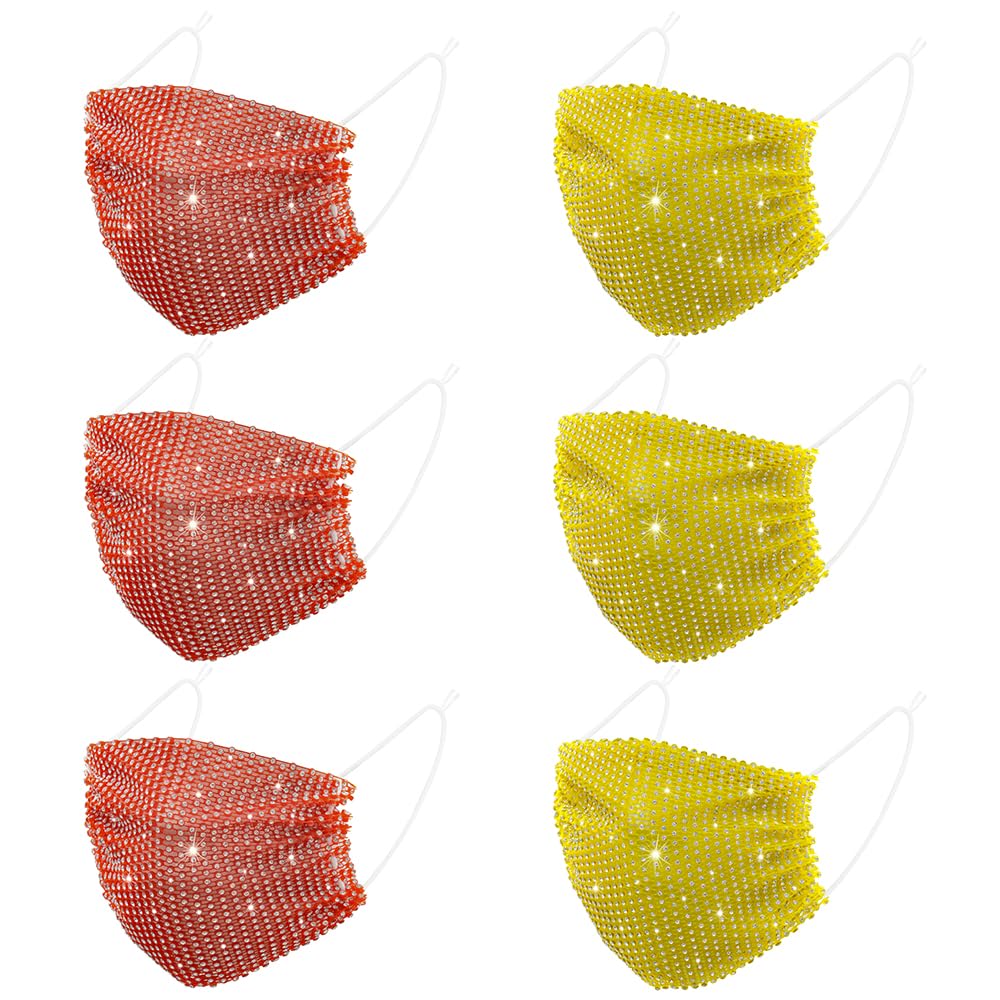 Auriviz 6 Pcs Red Yellow 2026 Gifts Decor Face Cover Rhinestone Crystal Mesh Face Mask Sparkly Rhinestone Custom Mask for Women Sequin Christmas Halloween Night Club Party Supplies Face Mask Female