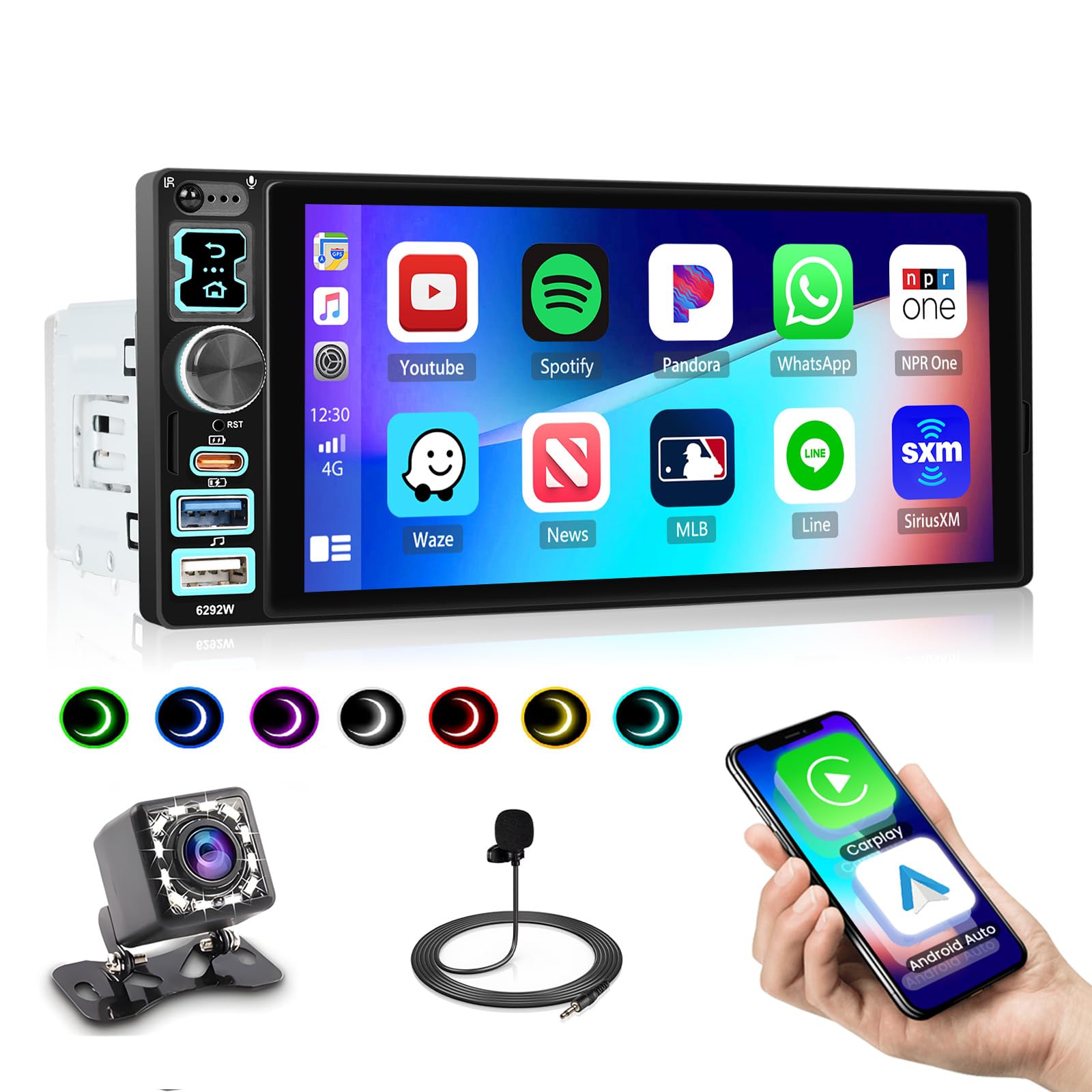 Roinvou Radio de Coche Bluetooth 1-DIN con CarPlay y Android Auto, Pantalla Táctil de 6.8 Pulgadas Mirror Link Radio FM USB/Tipo-C/EQ/UI/Micrófono/Cámara de Marcha Atrás