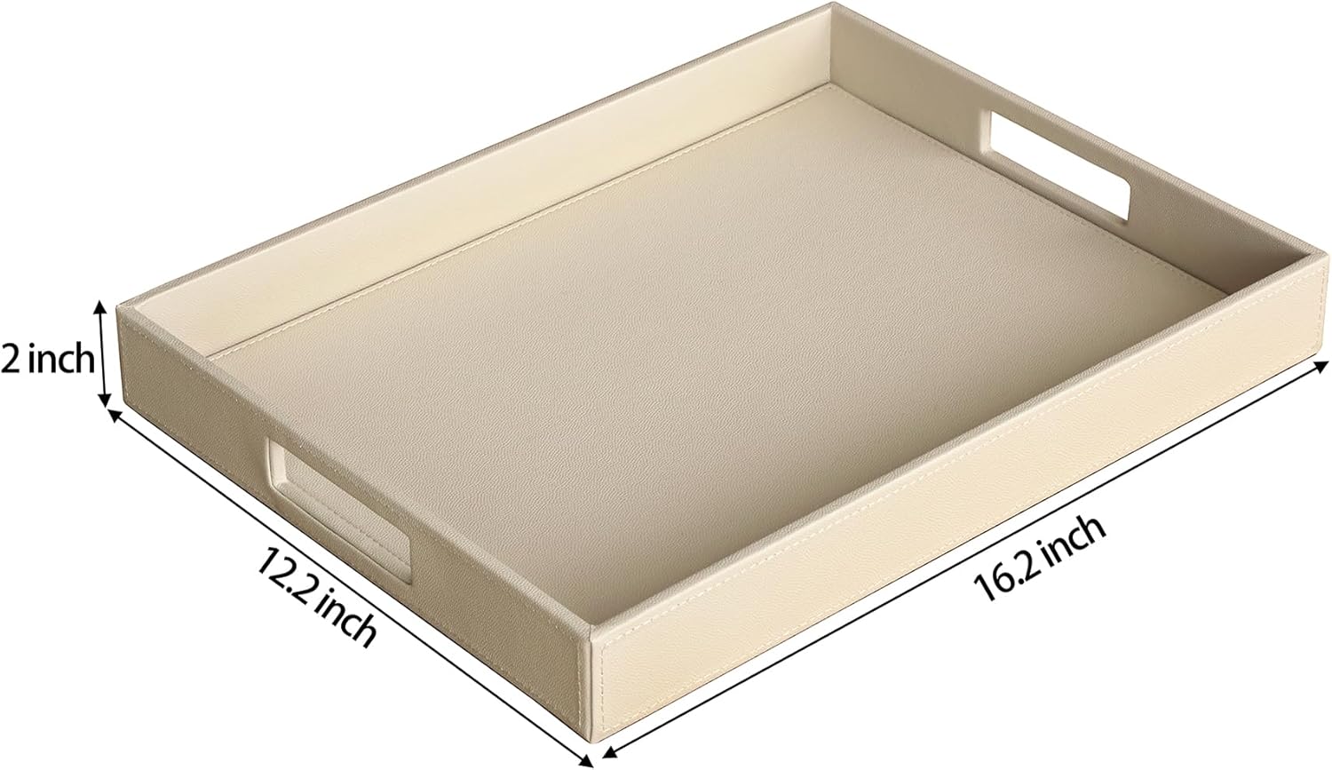 HofferRuffer Rectangle Serving Tray with Hole Handles for Coffee Table, Breakfast, Tea, Food, Butler - Countertop, Kitchen, Vanity Serve Tray, 16.2 x 12.2 x 2 inches, Faux Leather (Dark CreamWhite) - Image 2