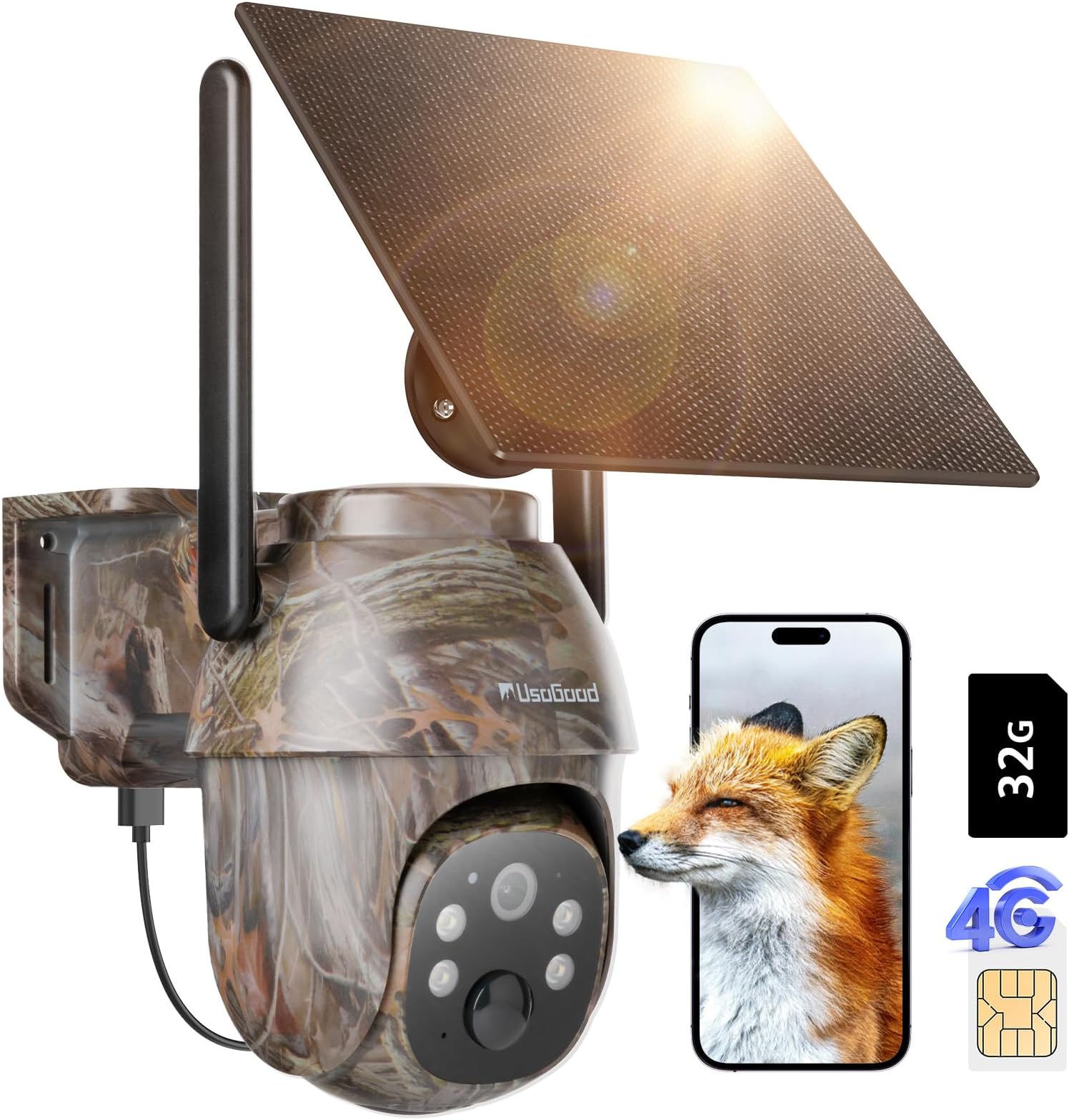 usogood 4G LTE Cellular Trail Camera Solar Powered with 32GB Memory and Unlimited Traffic Package SIM Card, Pan-Tilt 355° View and 2K HD Wildlife Camera with Night Vision Motion Activated Waterproof
