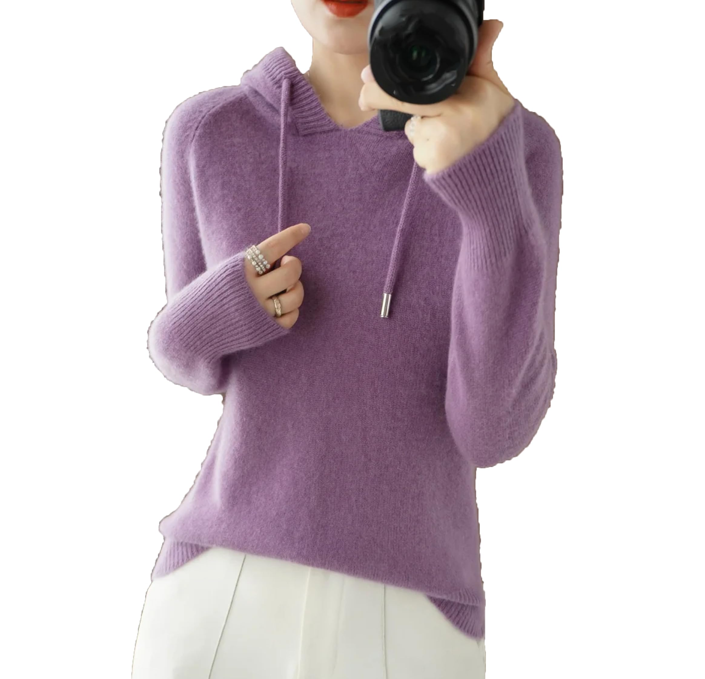 Yeuyyben Maglione invernale con cappuccio da donna Maglione in cashmere con cappuccio caldo allentato maglione in cashmere con cappuccio da donna viola, Viola, XL