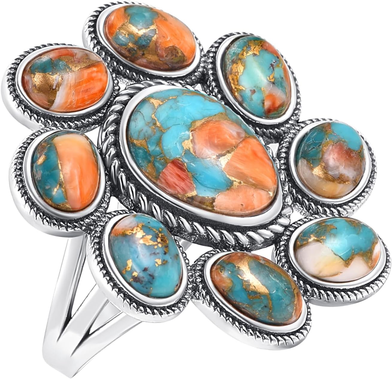 Turquoise/Coral Ring Women's 925 Sterling Silver Turquoise Statement Rings Boho Style Oxidized Silver Flower Ring Valentines Gifts Size 6-10