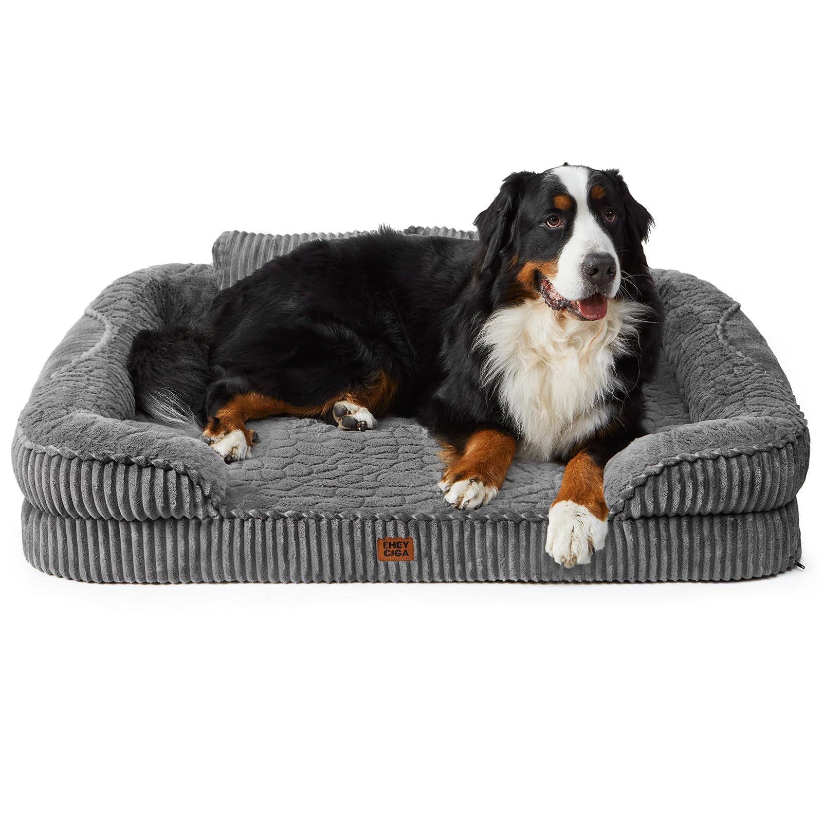 EHEYCIGA Panier Chien XXL Grande Taille Orthopédique avec Dossier Haut 114x89cm, Lit Chien à Mémoire de Forme, Canapé pour Chien Déhoussable et Lavable, Coussin Chien Imperméable, Gris