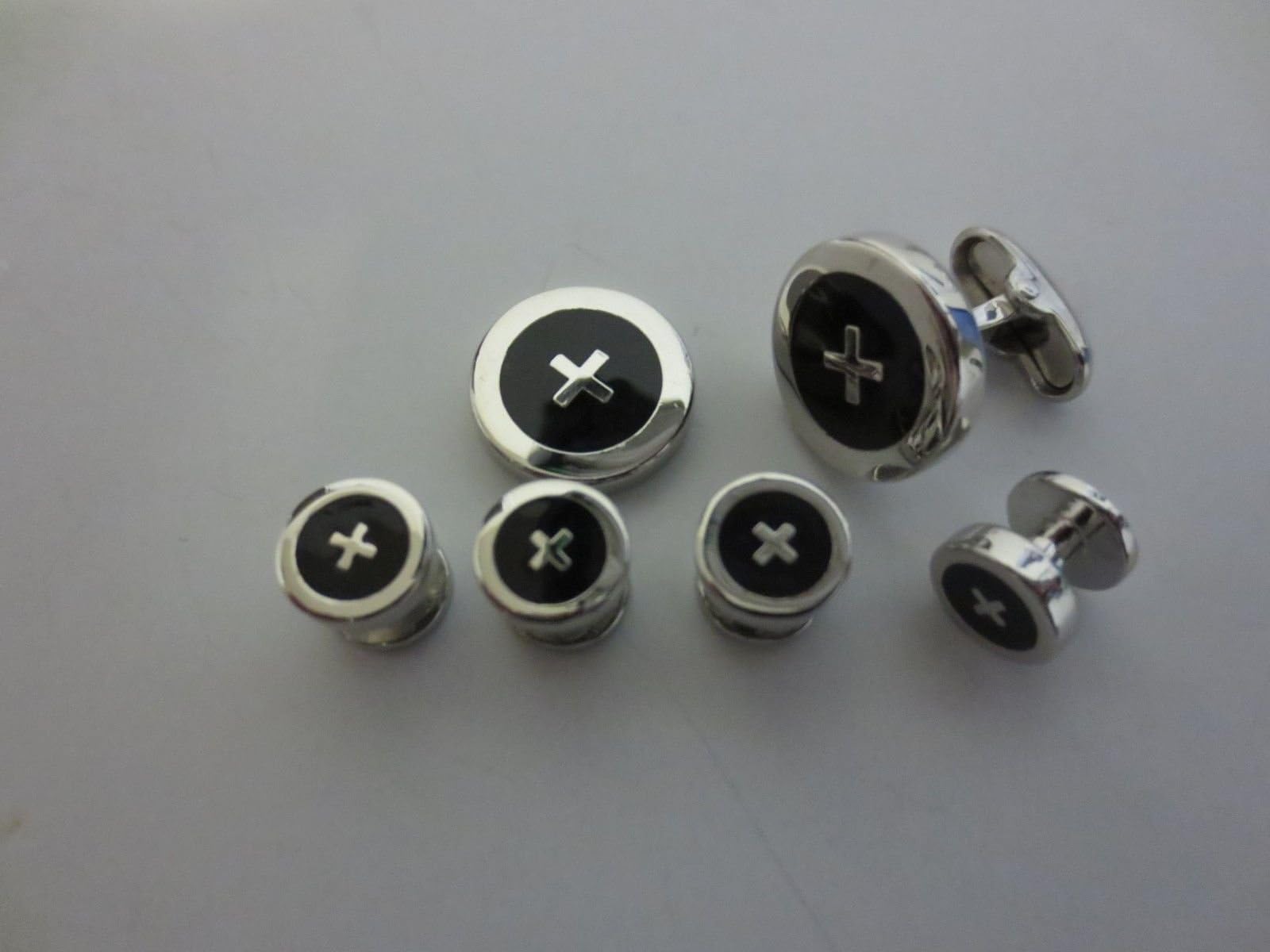 Tuxedo Stud and Cufflink Set Button Look Silver Tone with Black Inlay