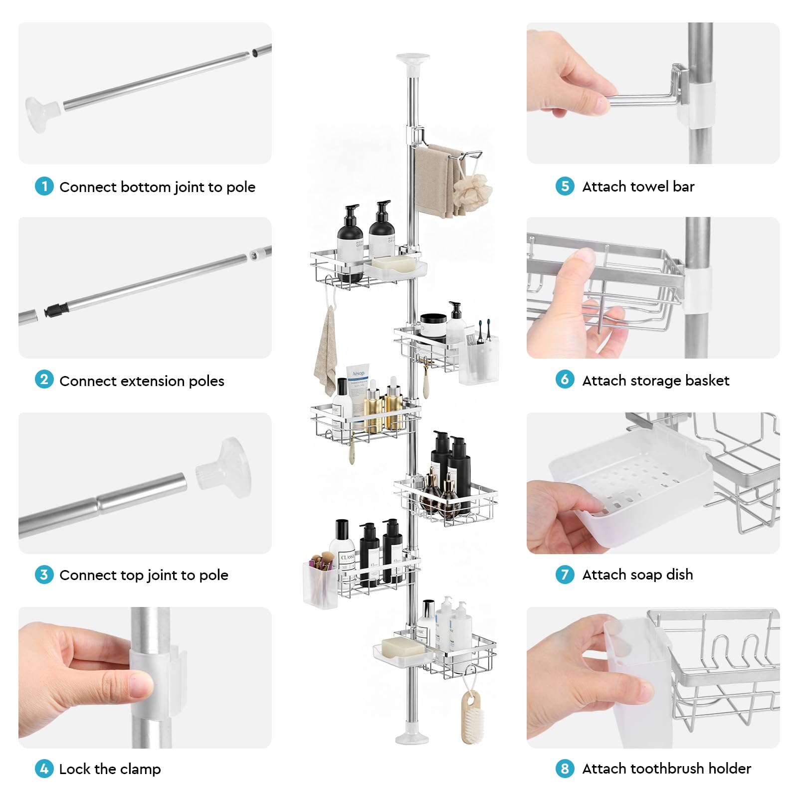 EXLECO Estantería telescópica para ducha con 7 estantes, sin agujeros, 78 – 308 cm, resistente a la oxidación, estantería de baño, estantería esquinera, organizador con barra para toallas, soporte