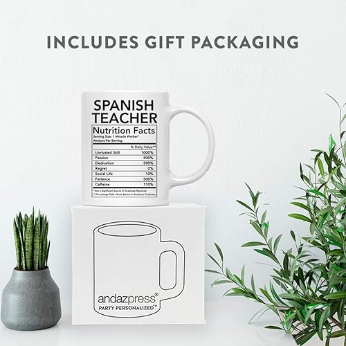 Miniatura 4 de Andaz Press Divertida taza de té de café de cerámica de 11 oz, regalo de agradecimiento, información nutricional del profesor de español, 1 paquete