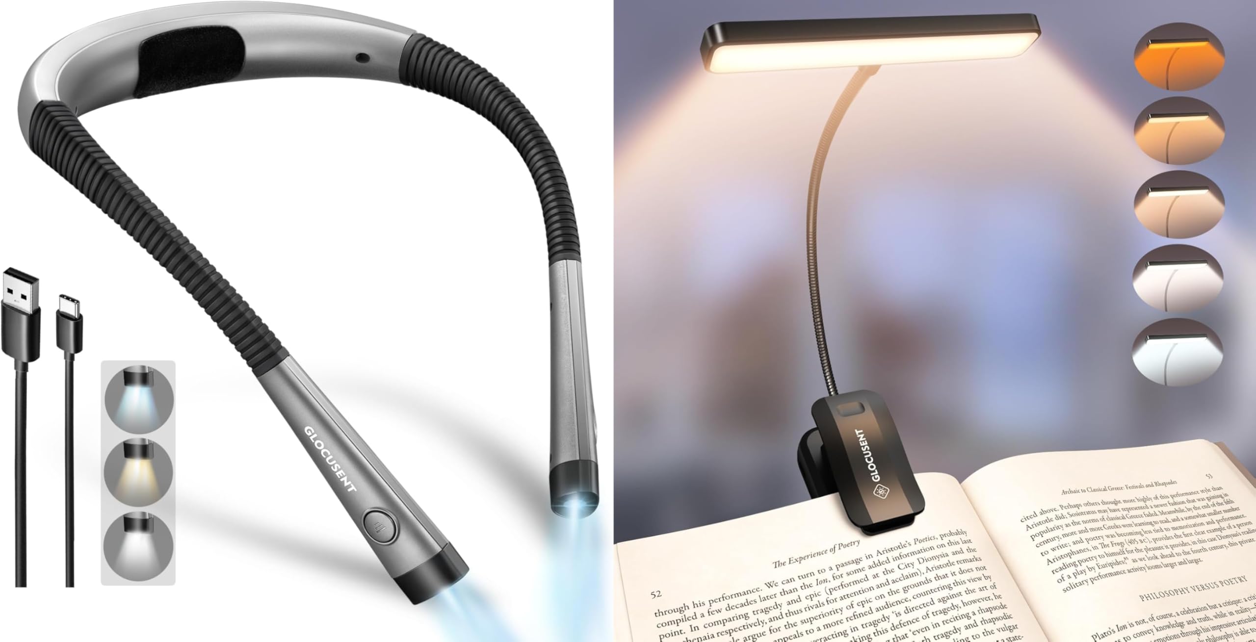 Glocusent Leselampe Hals mit 3 Farben & 6 Helliggkeitsstufen & 26 LEDs Leselampe Buch Klemme mit 5 Farbtemperatur & Stufenlose Helligkeit für Lesen Stricken Camping Reparieren