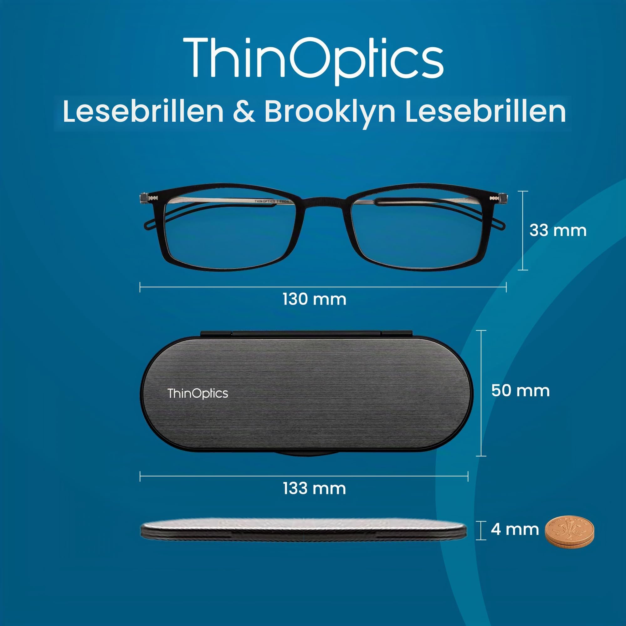 ThinOptics Lesebrille, Milano-Magnetetui, für Damen und Herren, bügellos | Ultraleichte Lesehilfe ohne Bügel im flachen Etui, das am Handy haftet, für unterwegs, im Taschenformat, kratzfeste Linsen