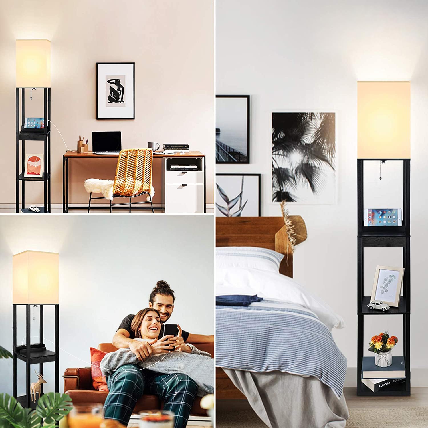 Lámparas de pie para sala de estar, lámpara de pie alta con estantes y cajón, 2 puertos de carga USB y 2 tomas de corriente, bombilla LED brillante de 3CCT incluida, color negro 8