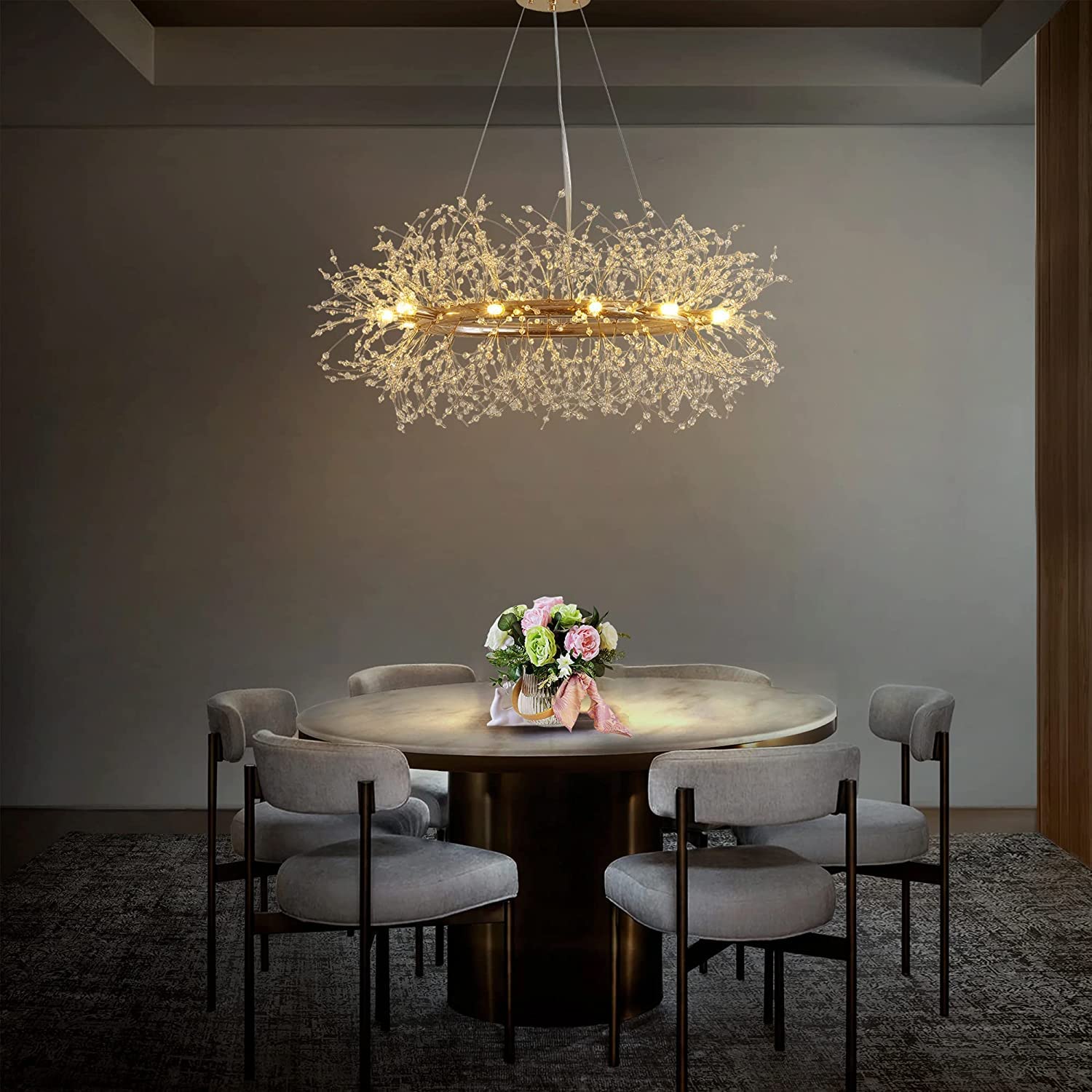 DLLT 31.5" Modern Crystal Chandelier – 12-Light Semi Flush Mount, Adjustable Height, Gold Finish, 3-Tier Glass Shade, E12 Base, UL Listed