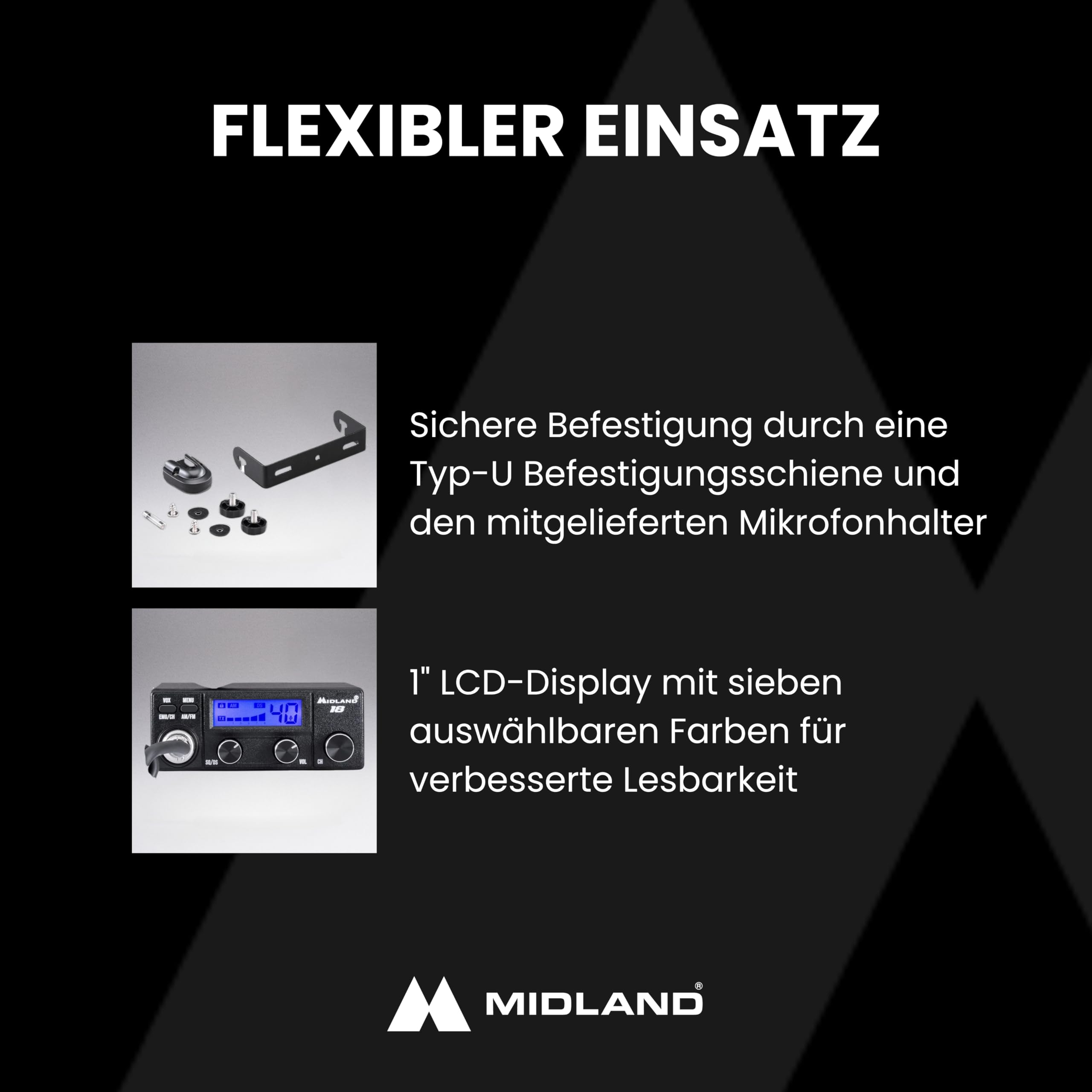 Midland 18 CB-Funkgerät mit LCD-Display, VOX Freisprechfunktion, 12V Anschluss, Multistandard, S-Meter, RF-Verstärkung, für Auto und LKW, schwarz