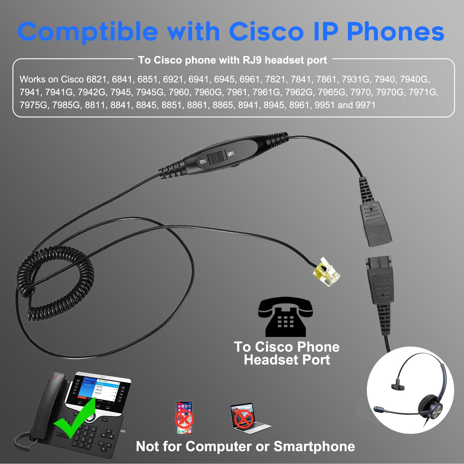 KONNCHUENG Phone Headset with Microphone Noise Cancelling, Corded RJ9 Telephone Headset with Volume Control for Cisco 8841, 8845, 8851, 8865, 7821, 7861, 7975G, 7985G, 8811, 8851, 8861, 9951 etc