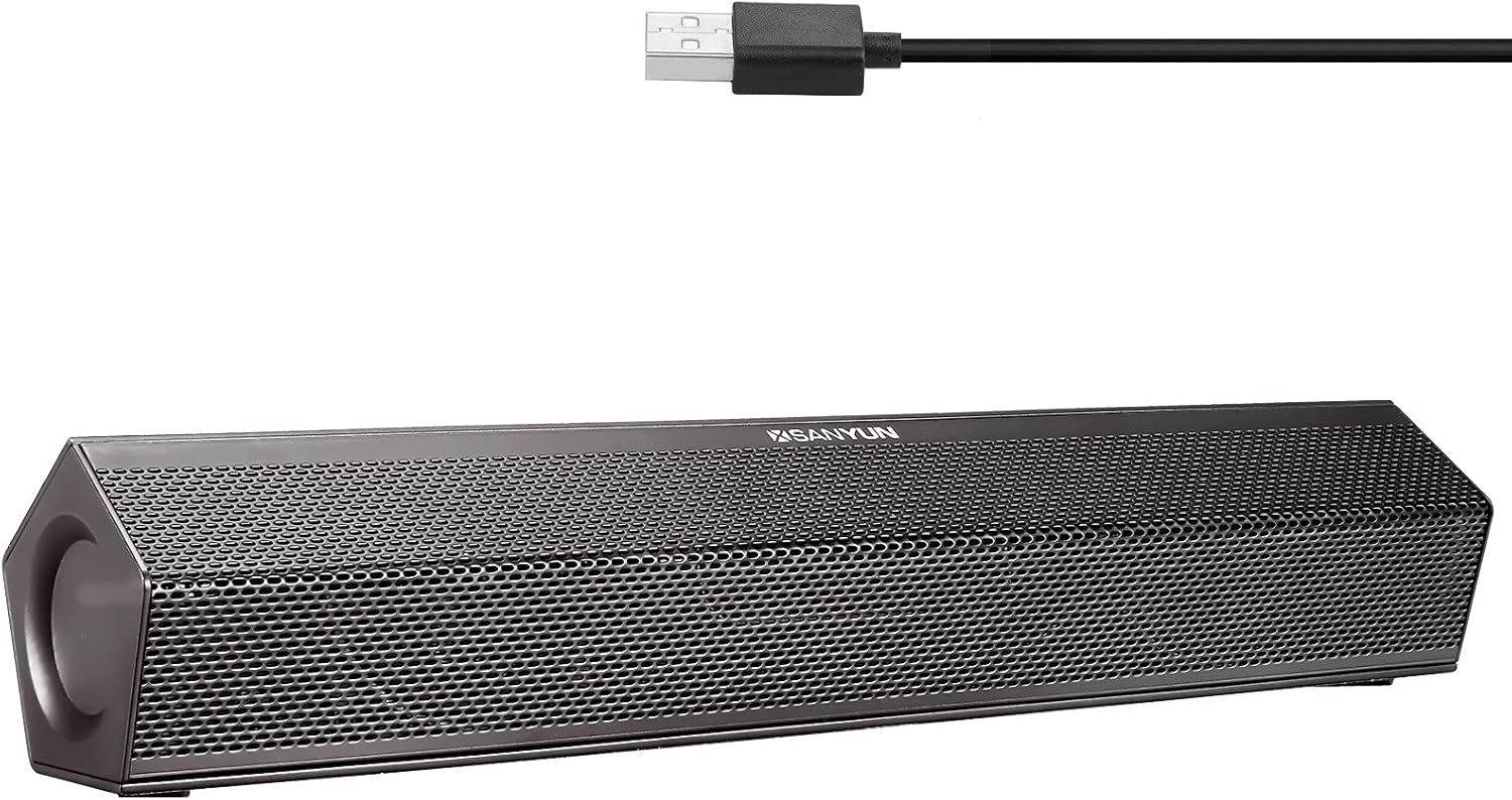 Close-up of the Sanyun SW010 soundbar's multi-function knob with blue LED indicator