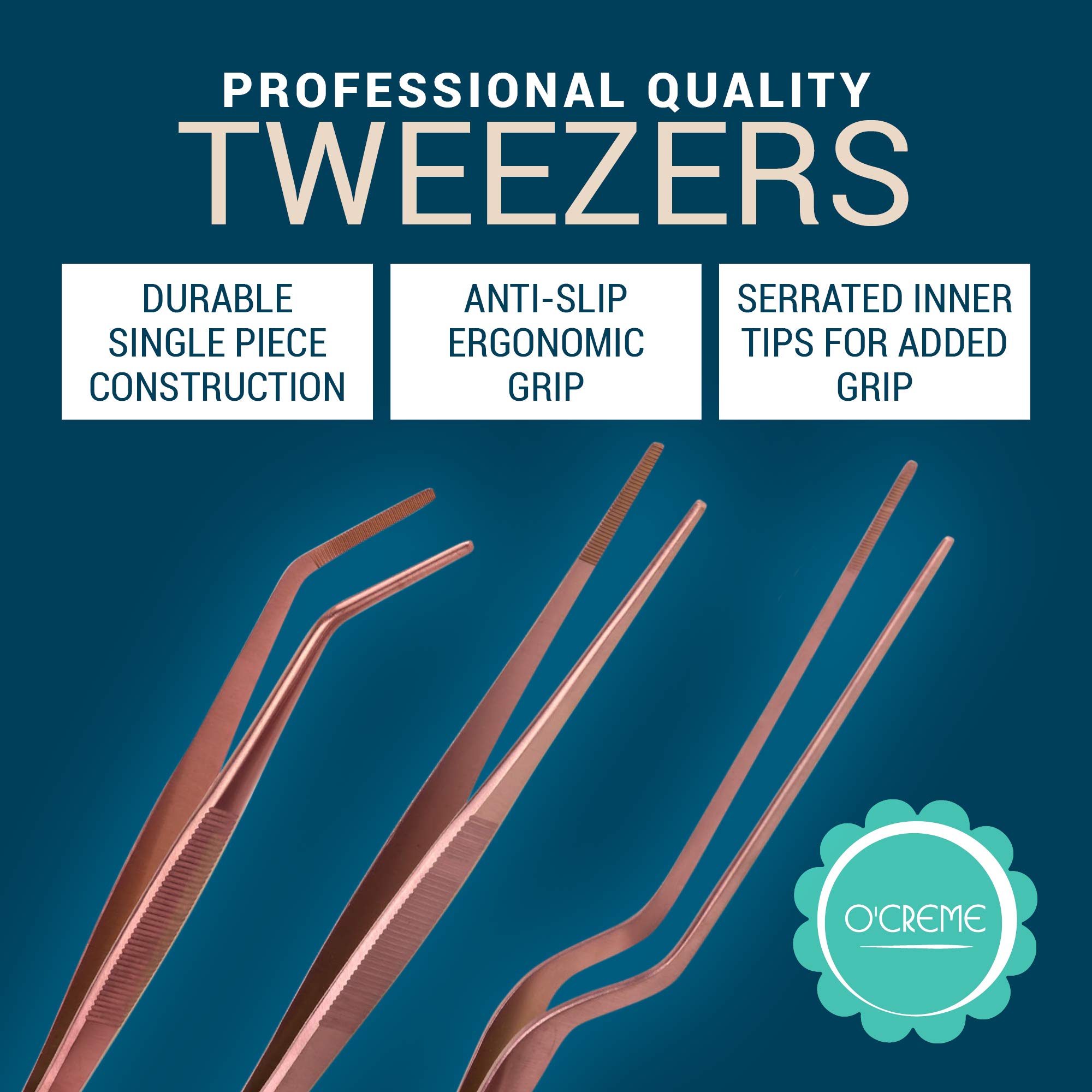 O'Creme Set of Culinary Tweezer Tongs 8 Inch Straight, 8 Inch Offset