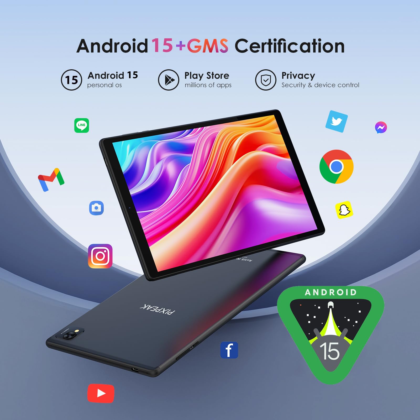 PIXPEAK Tablet 10 Pulgadas 4G LTE y 5G WiFi, Android 15.0 Octa-Core 2.0GHz, 36GB RAM, 128GB ROM(1TB Expandible), 1920 * 1200FHD, 13MP+8MP, Tablet con Teclado etc, GPS/Bluetooth, Negro